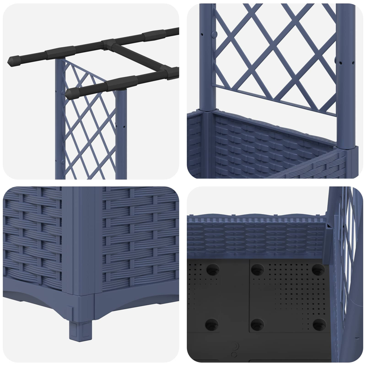 Vier Nahaufnahmen eines dunkelblauen modularen Pflanzgefäßes mit Gitterrankgitter.