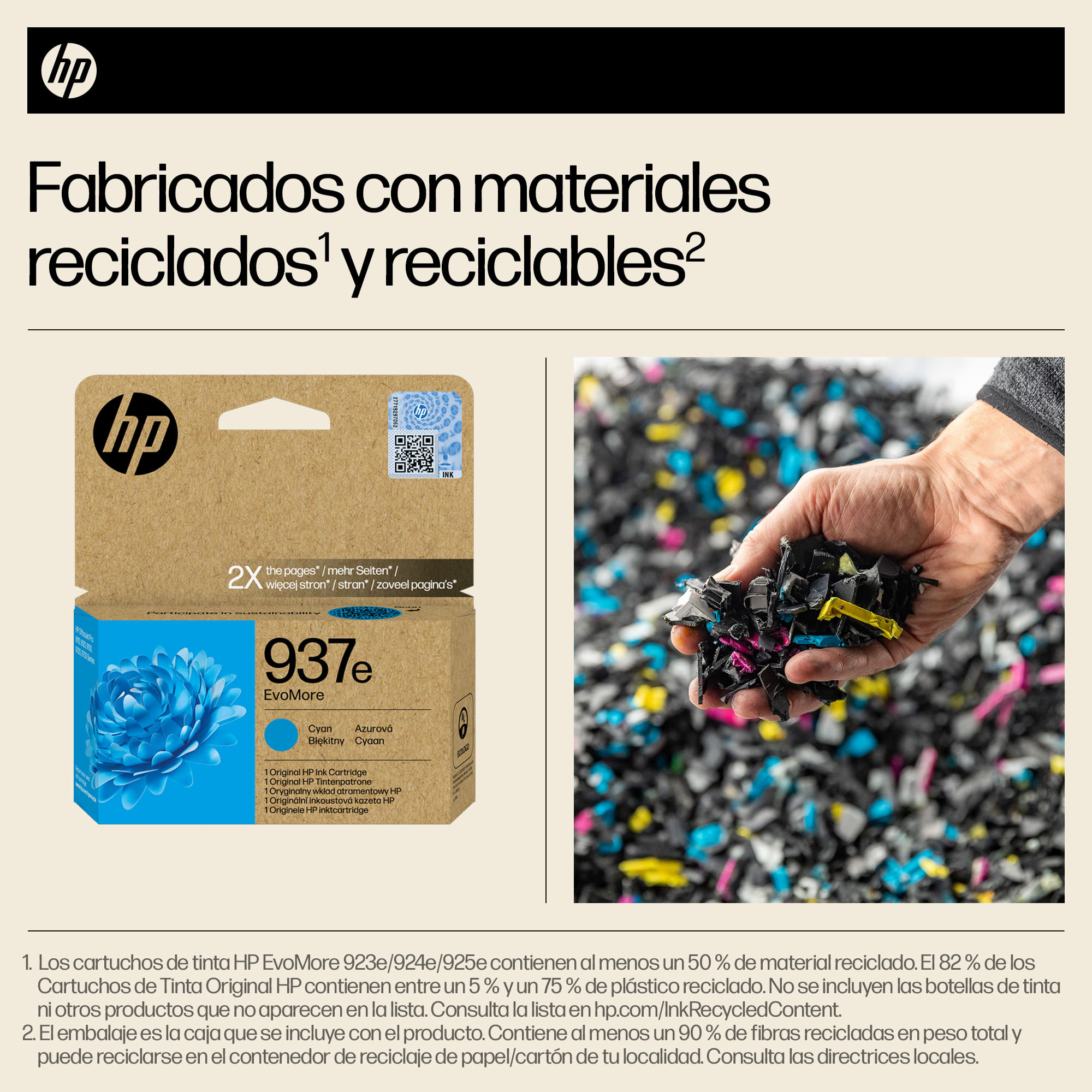 Cartucho de tinta HP y plástico triturado al fondo. Materiales reciclados.