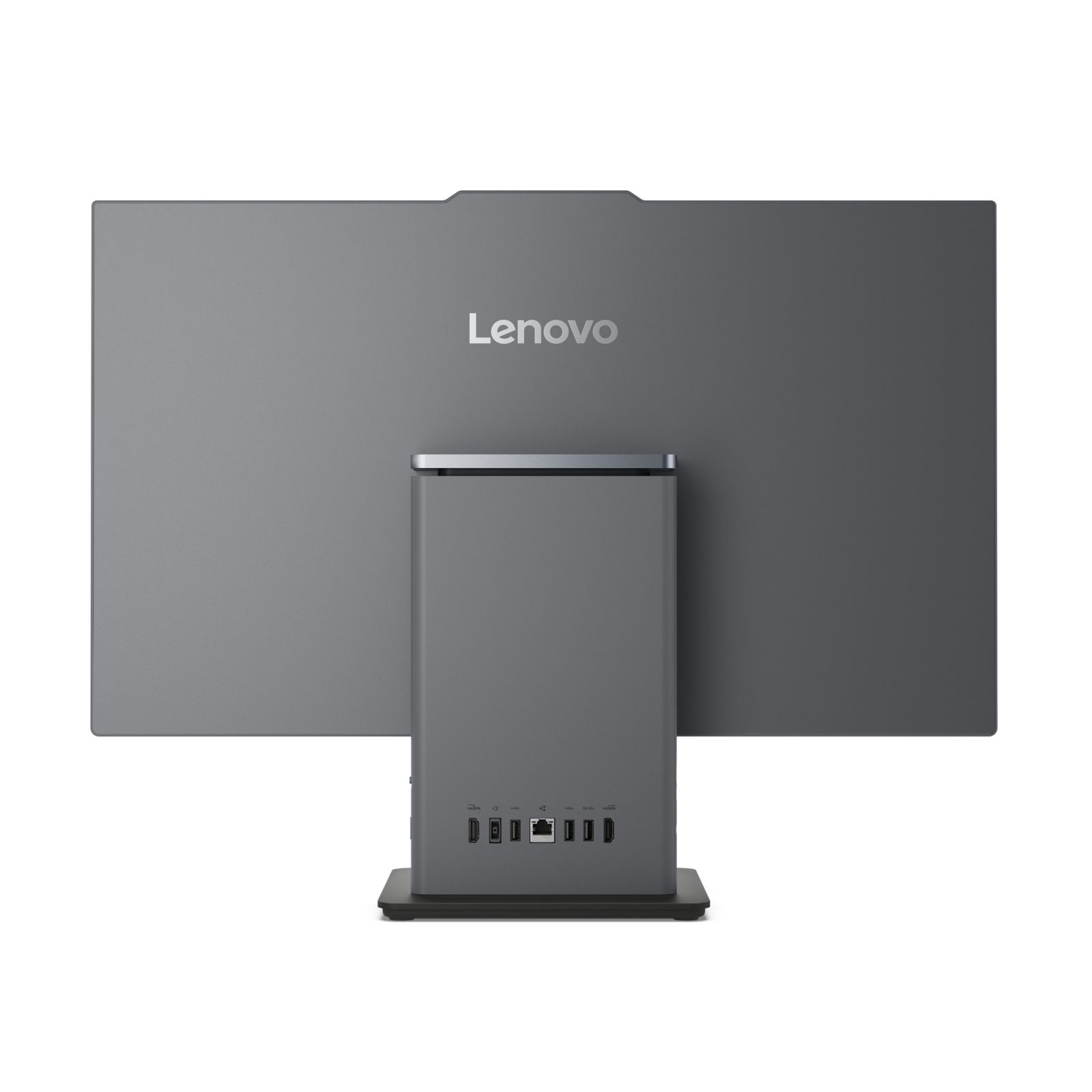 Vista posteriore di un computer all-in-one Lenovo grigio con porte.