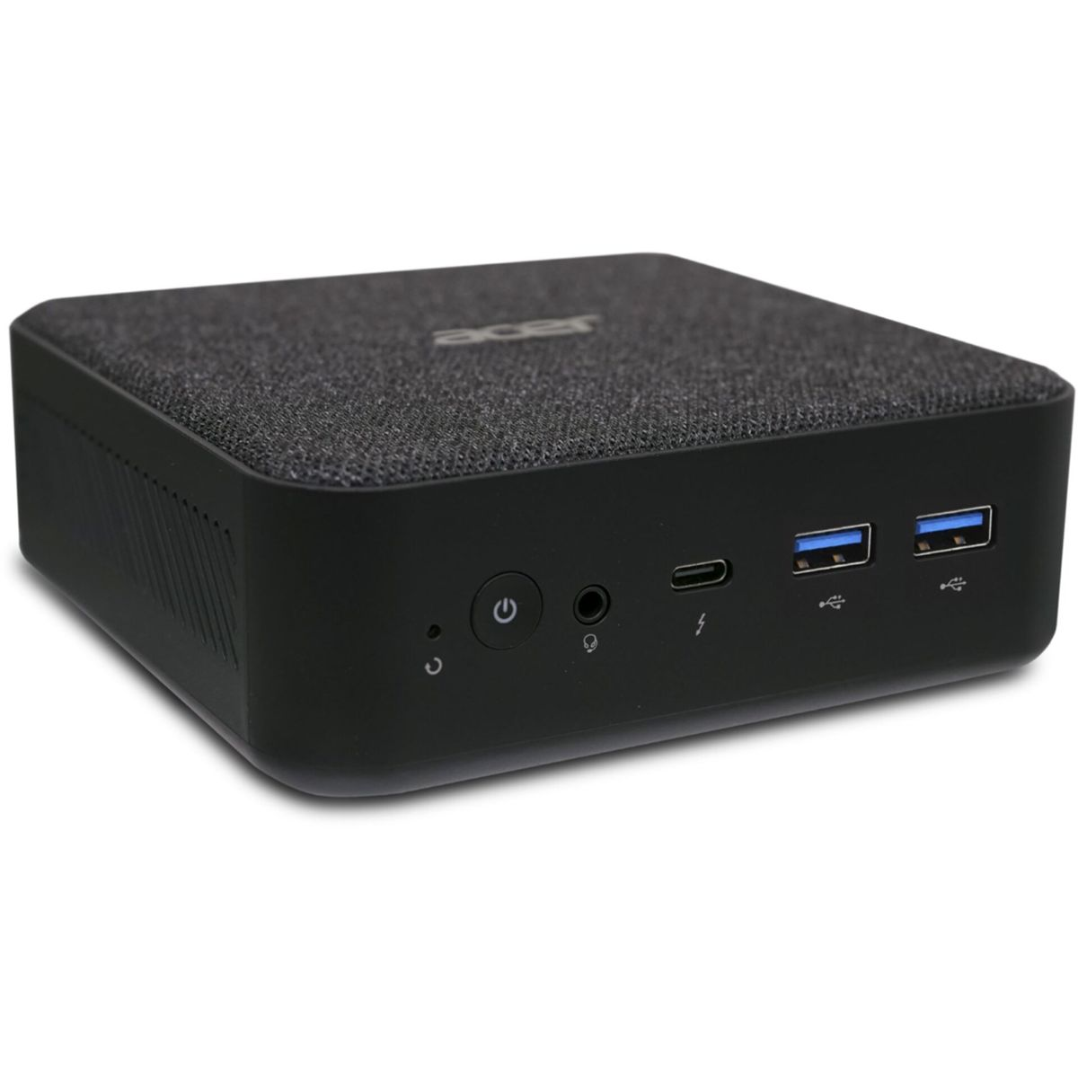 Mini PC Acer nero con pulsante di accensione, USB-C e due porte USB-A frontali.