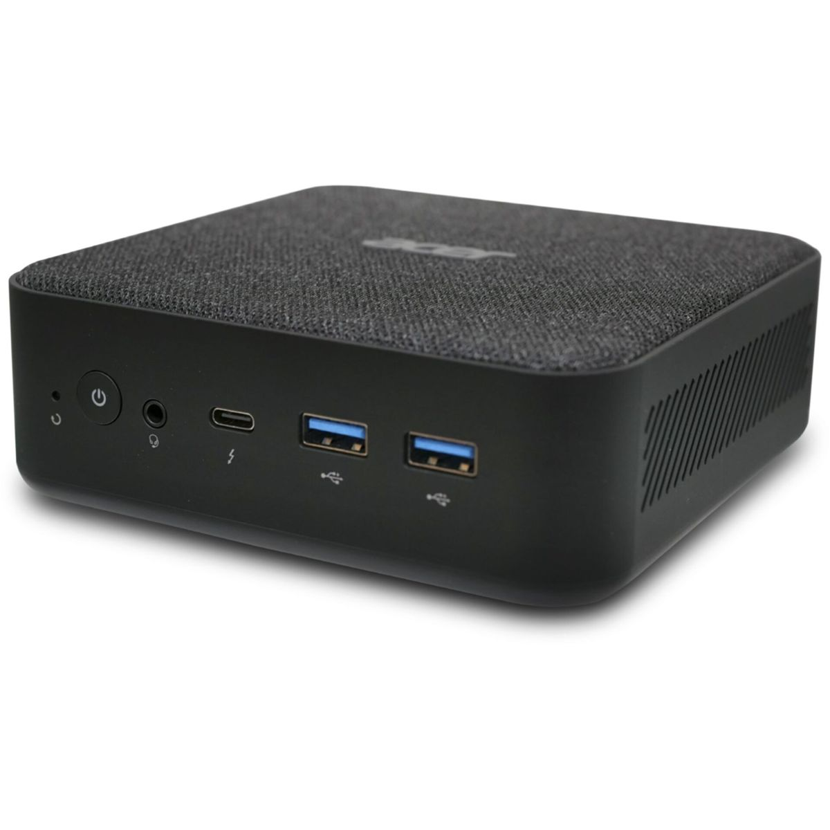 Un mini PC nero con pulsante di accensione argentato e porte USB.
