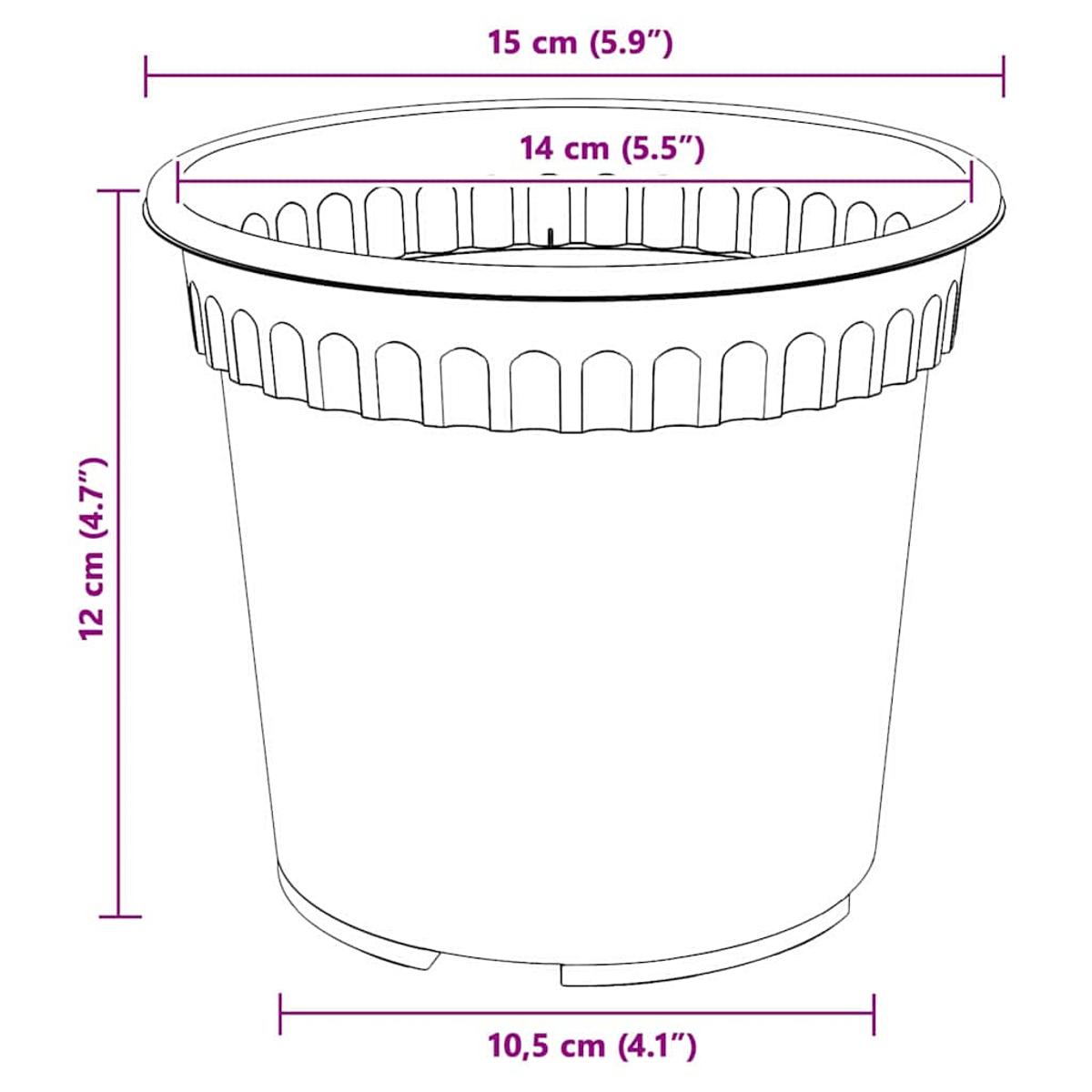 Zeichnung eines Plastiktopfes mit Maßen: Höhe 12cm, oberer Durchmesser 15cm, unterer Durchmesser 10,5cm.