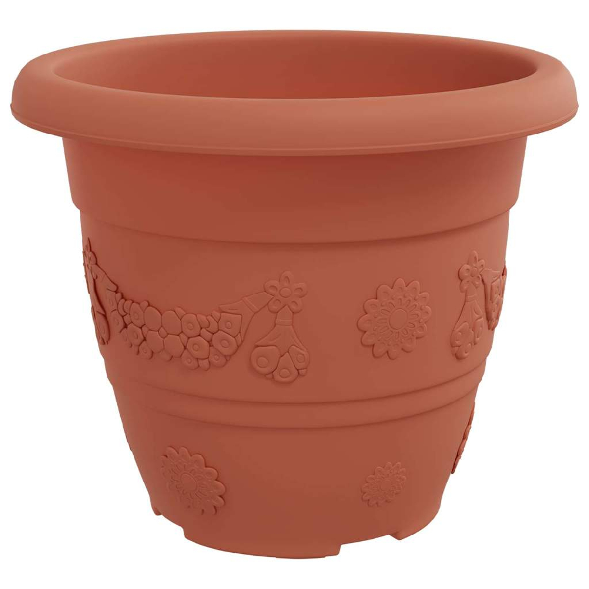 Un vaso di fiori marrone con motivi in rilievo di fiori e farfalle.