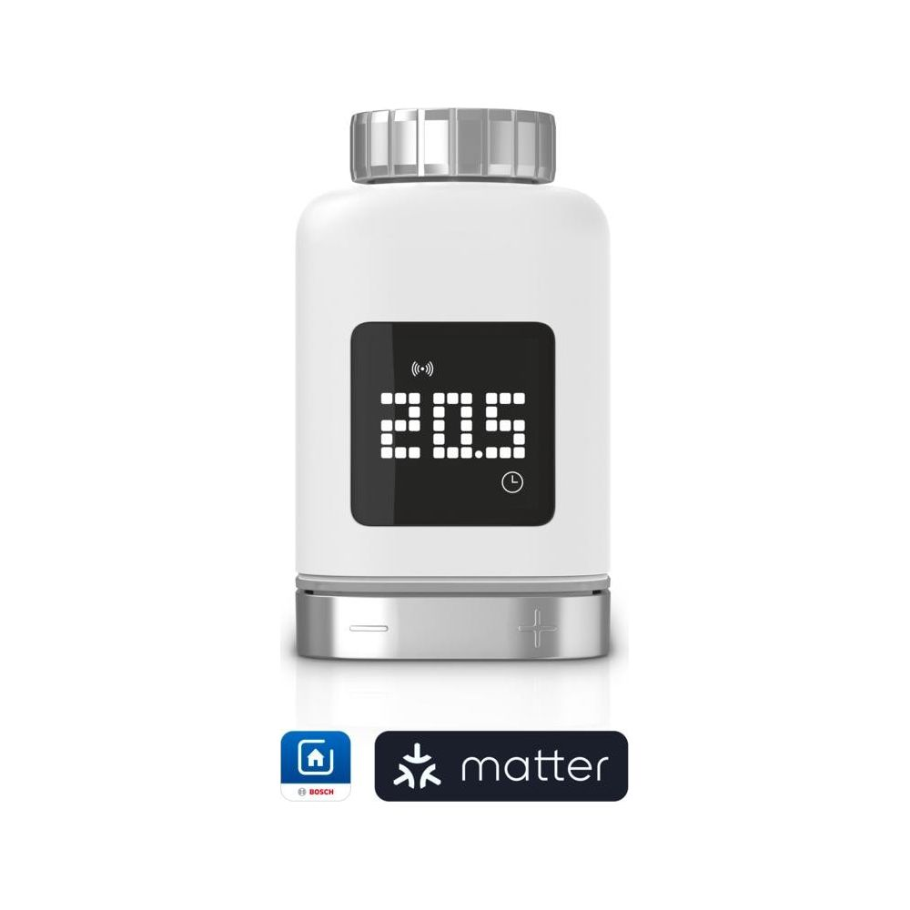 Ein weißer Thermostat mit digitaler Anzeige von 20.5 und Bosch- und Matter-Logos.