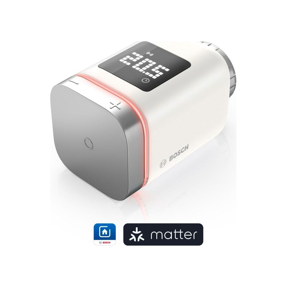 Ein weißer Bosch Thermostat mit digitaler Anzeige und rotem Ring.
