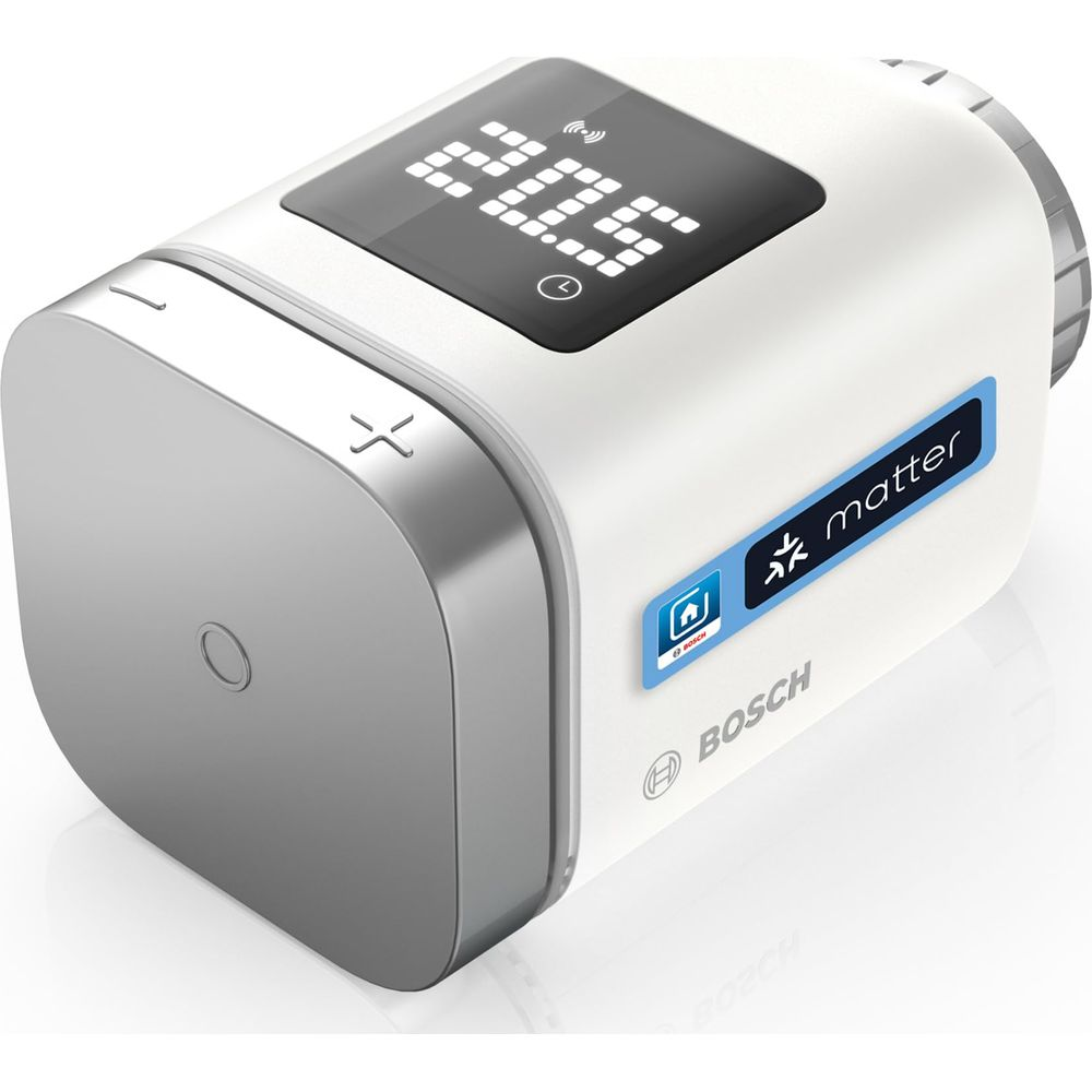 Ein wei4er Bosch Thermostat mit digitaler Anzeige. Matter-Logo sichtbar.