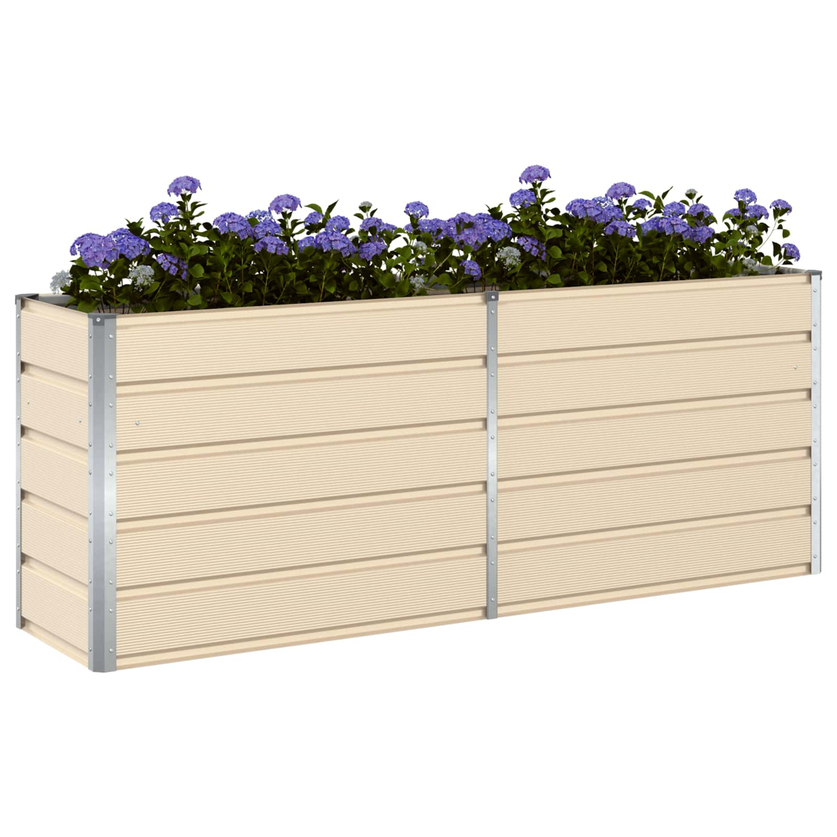 Un'aiuola rialzata beige piena di fiori viola in fiore.