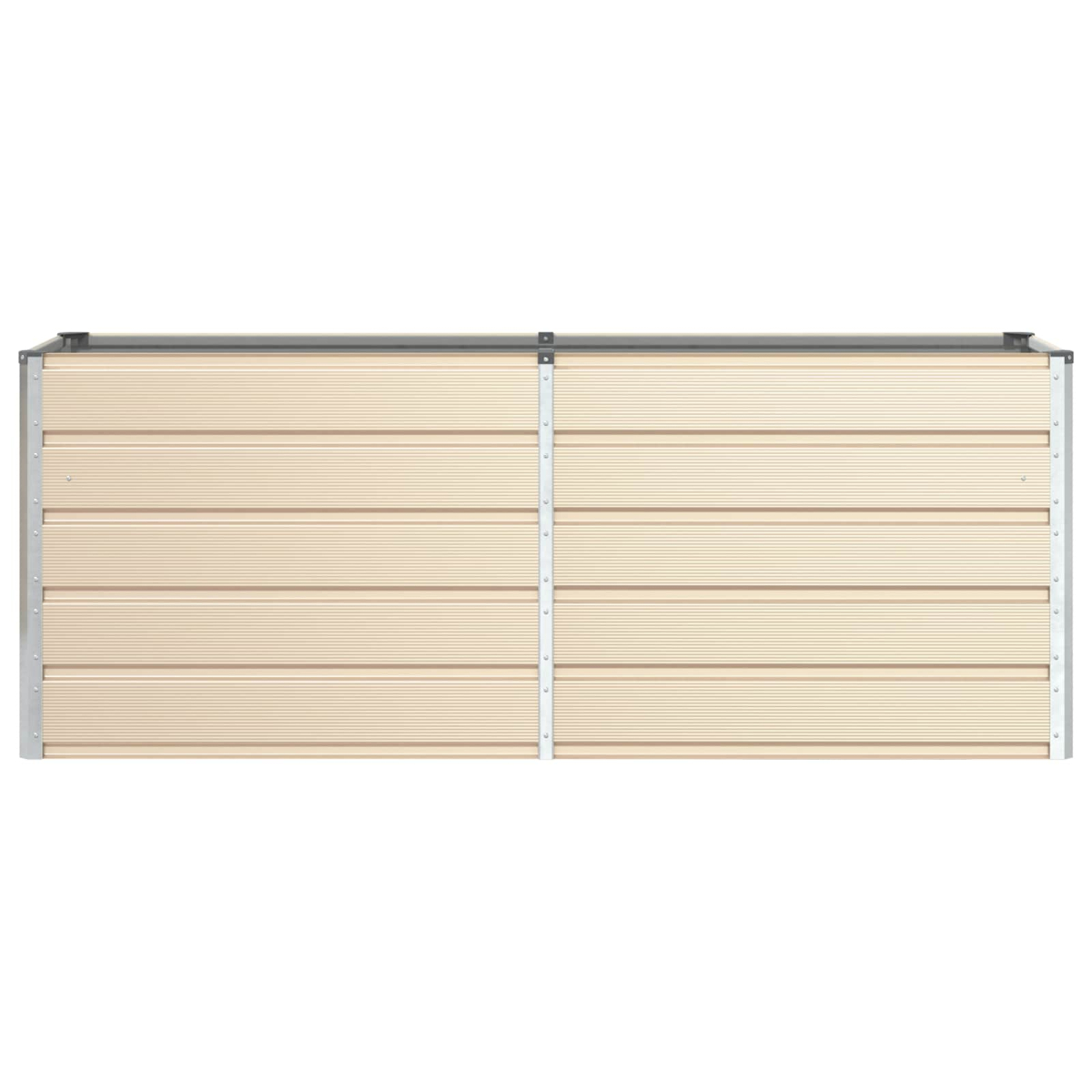 Una struttura per aiuola rialzata beige con bordi metallici, su sfondo bianco.