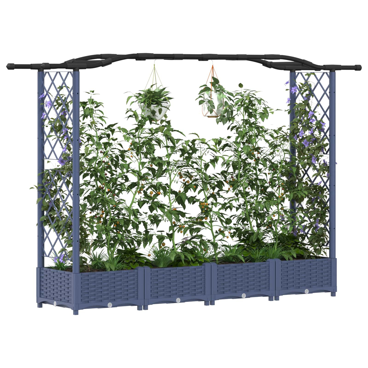 Ein blauer Hochbeet-Garten mit Rankgittern, Pflanzen und hängenden Körben.