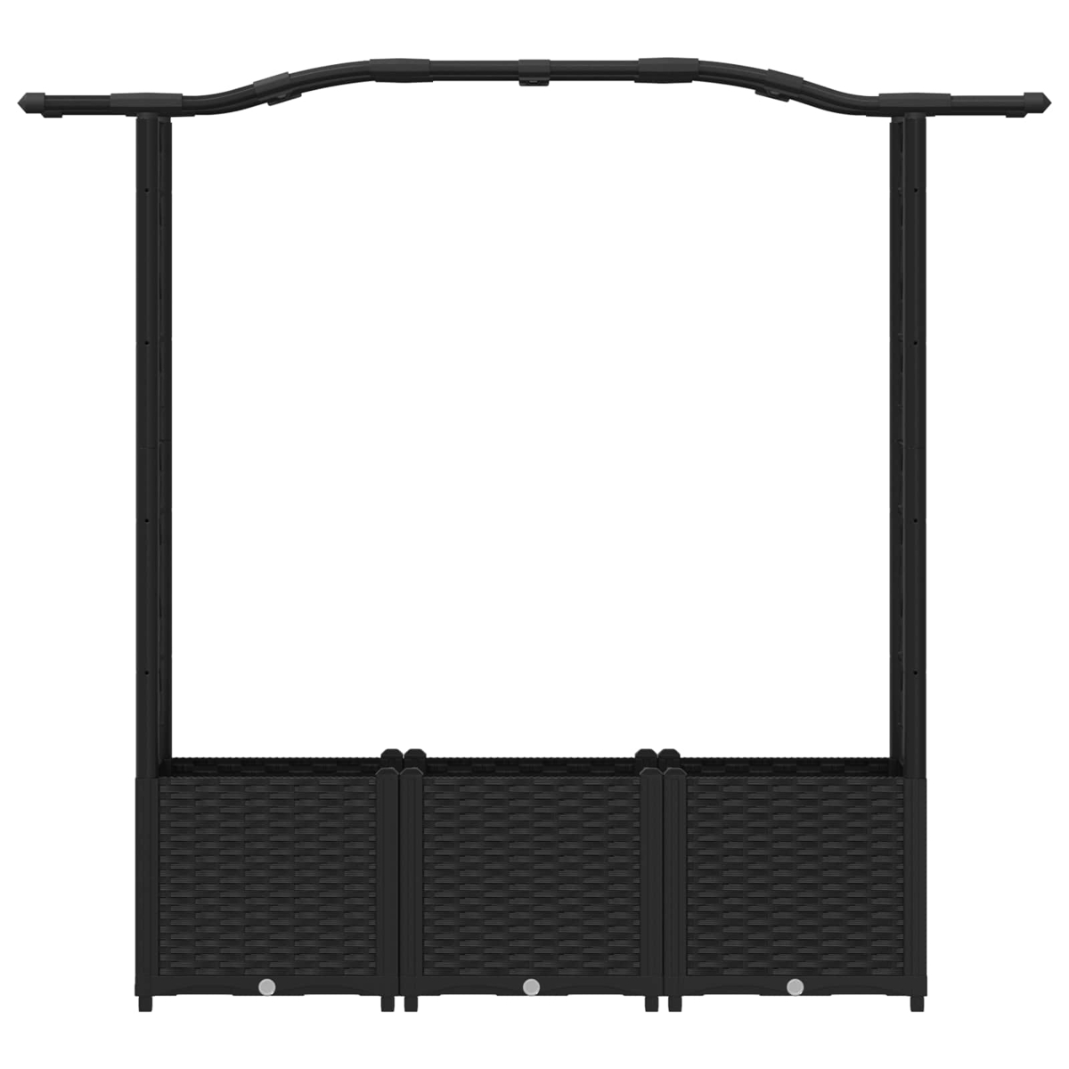 Ein schwarzes Pavillon-Gestell mit geflochtenen Einsätzen unten.