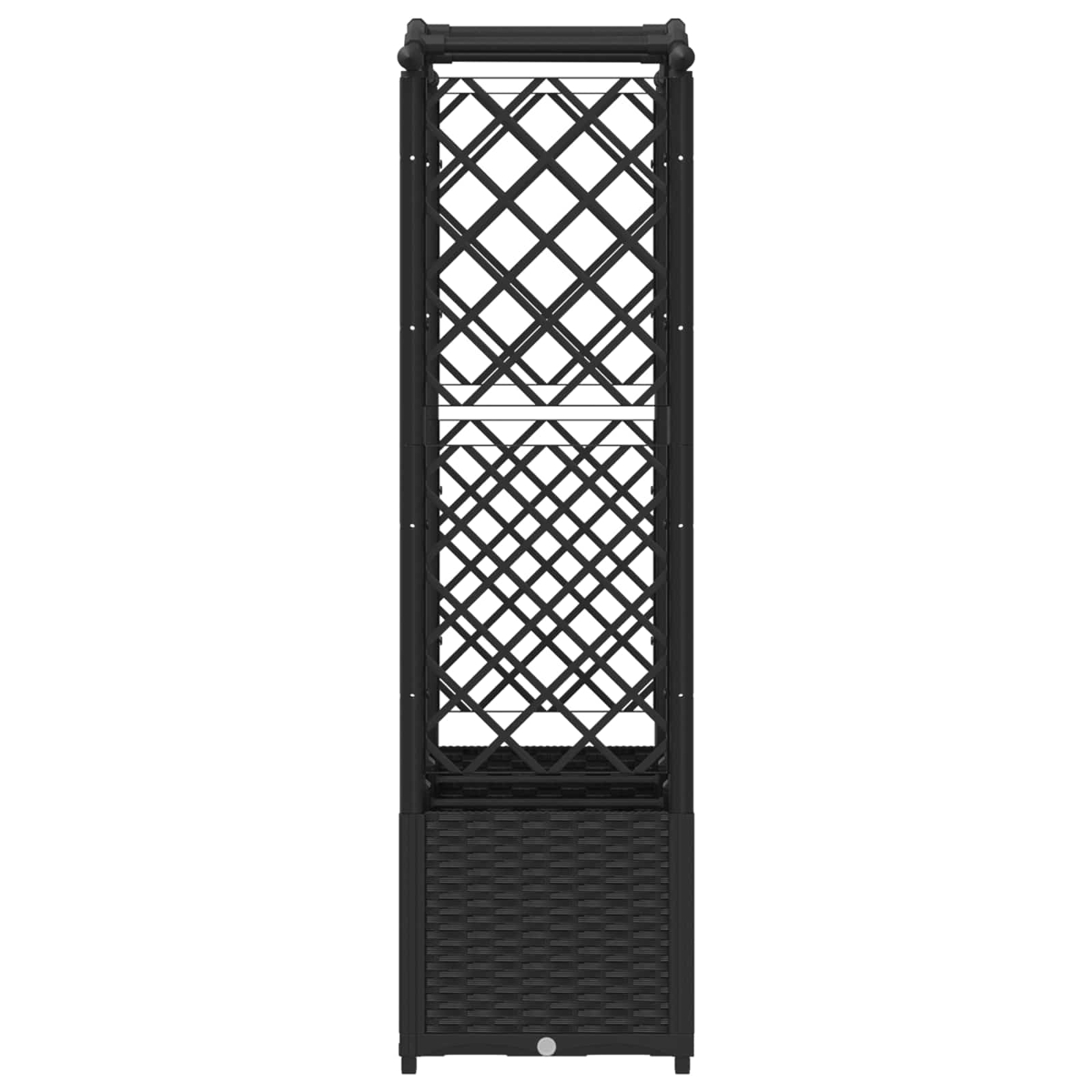 Ein schwarzer Rankturm aus Metall mit Rautenmuster und einem geflochtenen Sockel.