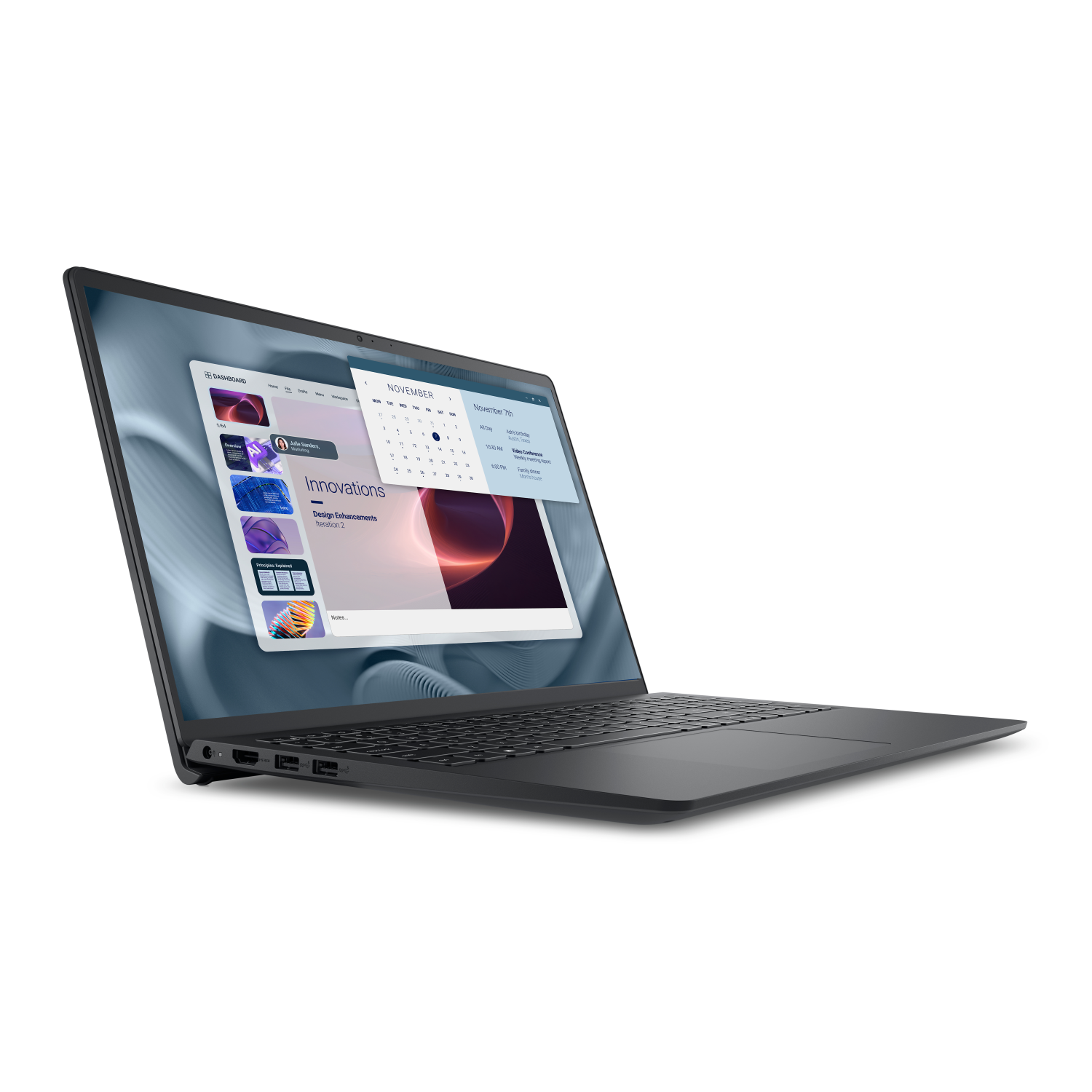 Ein schwarzer Laptop mit einem Kalender und Design-Entwürfen auf dem Bildschirm.