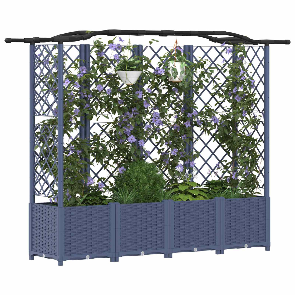 Ein blauer Pergola-Pflanzer mit Kletterpflanzen und lila Blüten.
