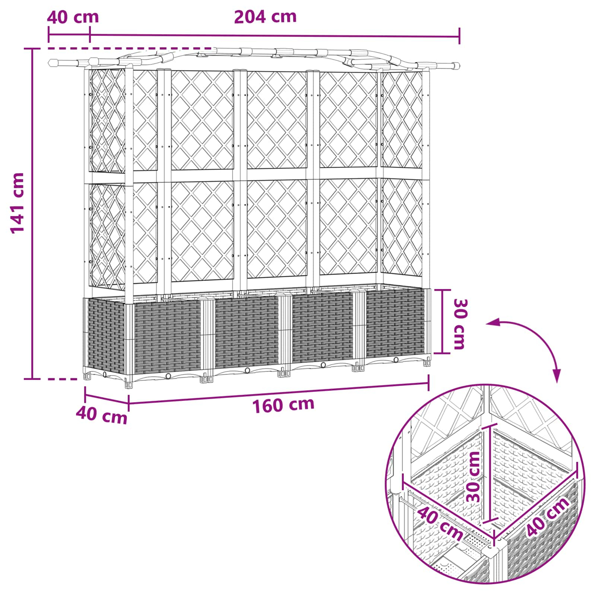 Gitter-Pavillon mit Maßen: Höhe 141 cm, Breite 204 cm, Tiefe 40 cm.