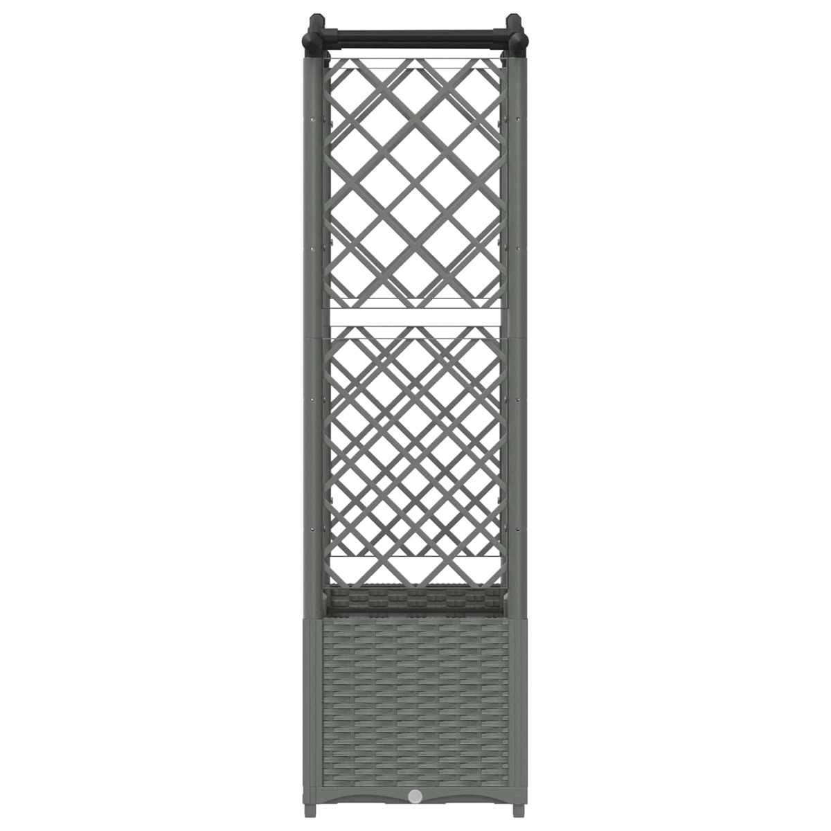 Ein grauer Pflanzenturm mit Gitter und geflochtenem Unterteil.