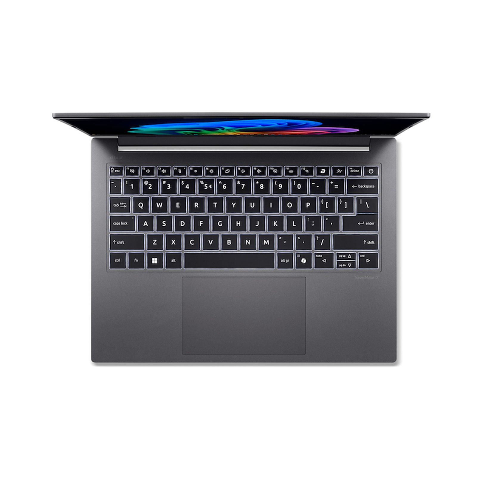 Ein dunkler Laptop mit beleuchteter Tastatur und einem Regenbogen auf dem Bildschirm.