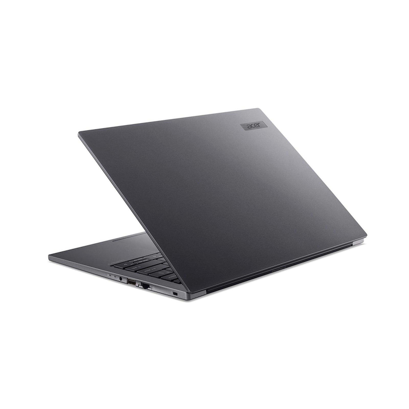 Ein geschlossener, dunkler Acer Laptop mit silbernem Logo auf weißem Hintergrund.