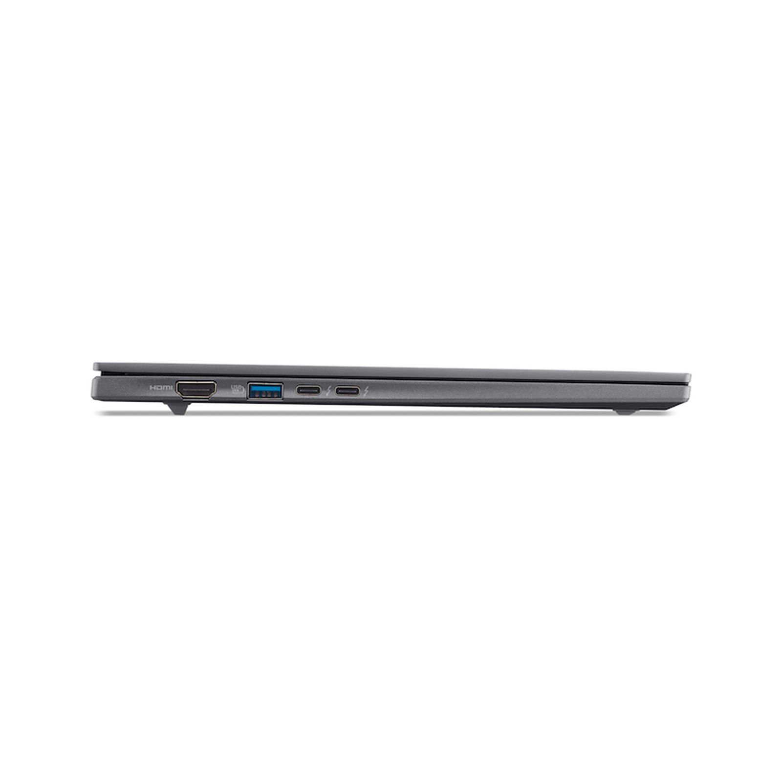 Grauer Laptop-Anschlussbereich mit HDMI, USB und USB-C-Ports.