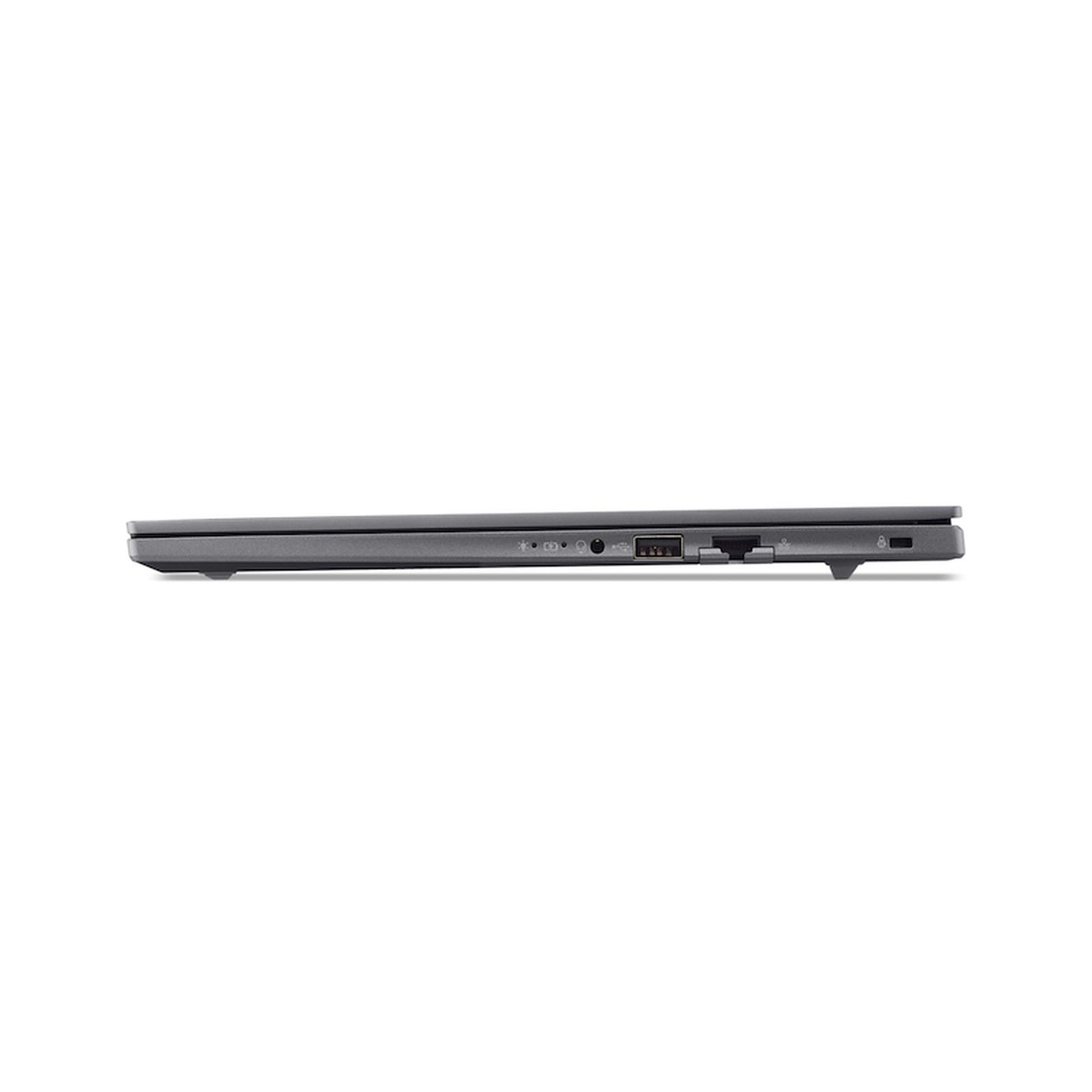 Graues Laptop-Gehäuse mit USB- und Ladeanschluss auf der Seite.