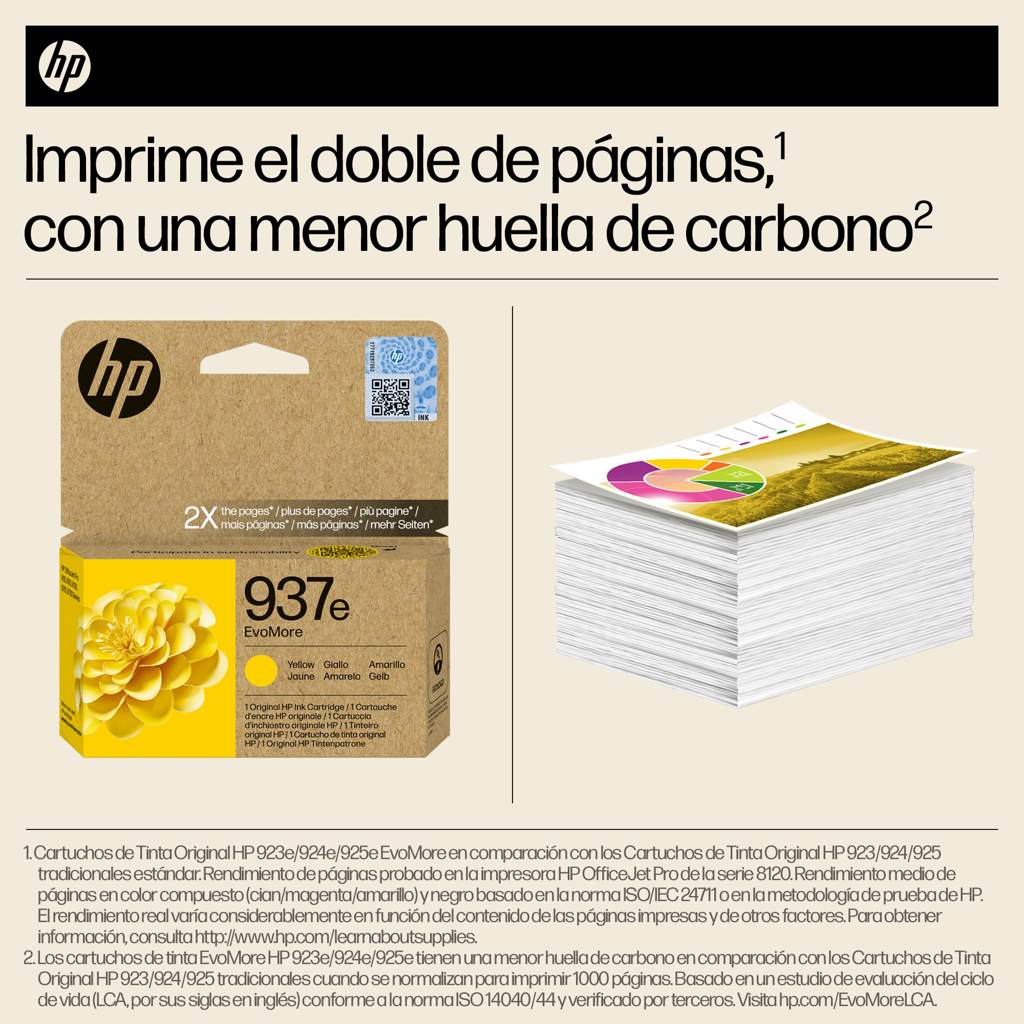 Cartucho de tinta HP 937e EvoMore amarillo junto a un montón de páginas impresas.