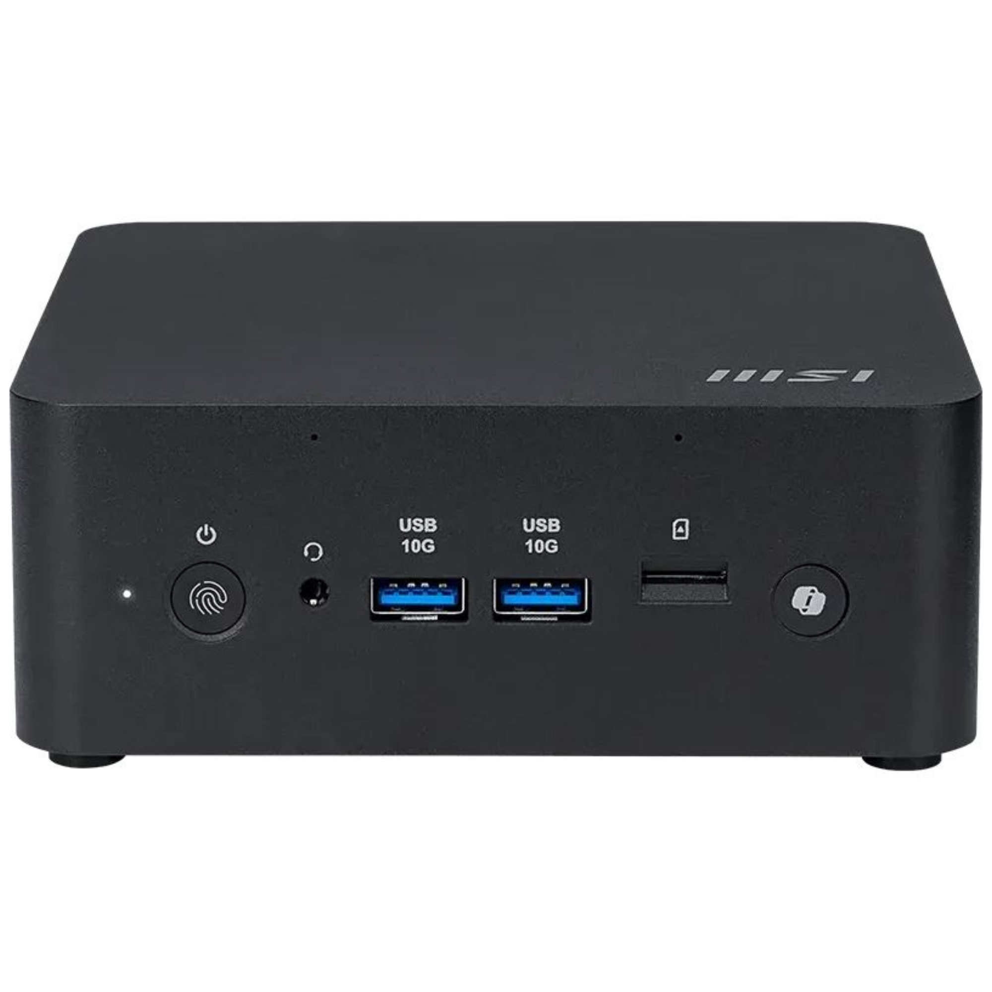 Un mini PC nero con porte USB e pulsante di accensione frontale.