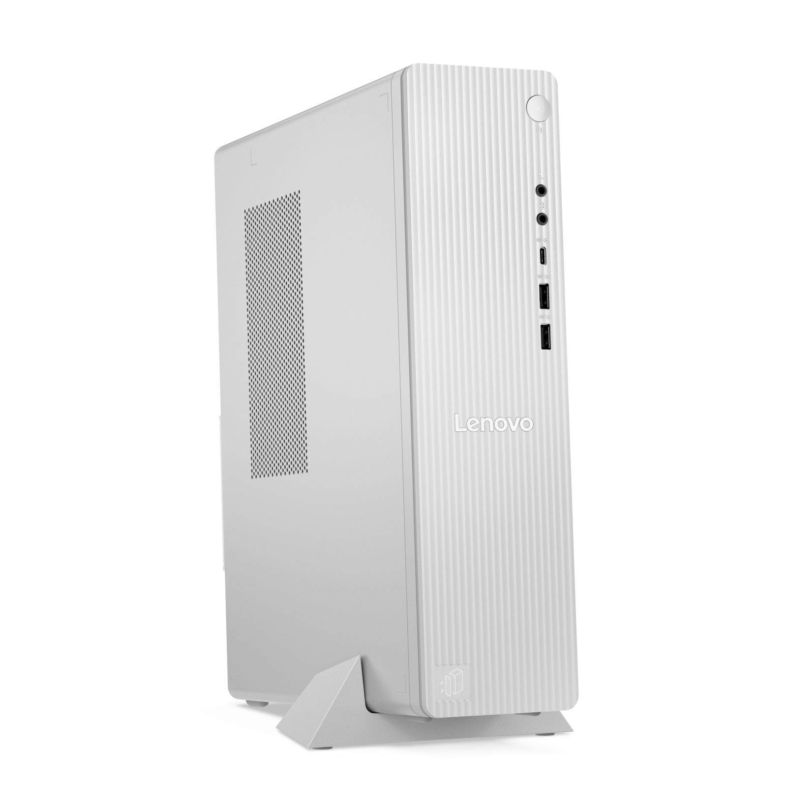 Un PC desktop Lenovo bianco è in piedi verticalmente su una base bianca. La parte anteriore ha linee verticali e porte.