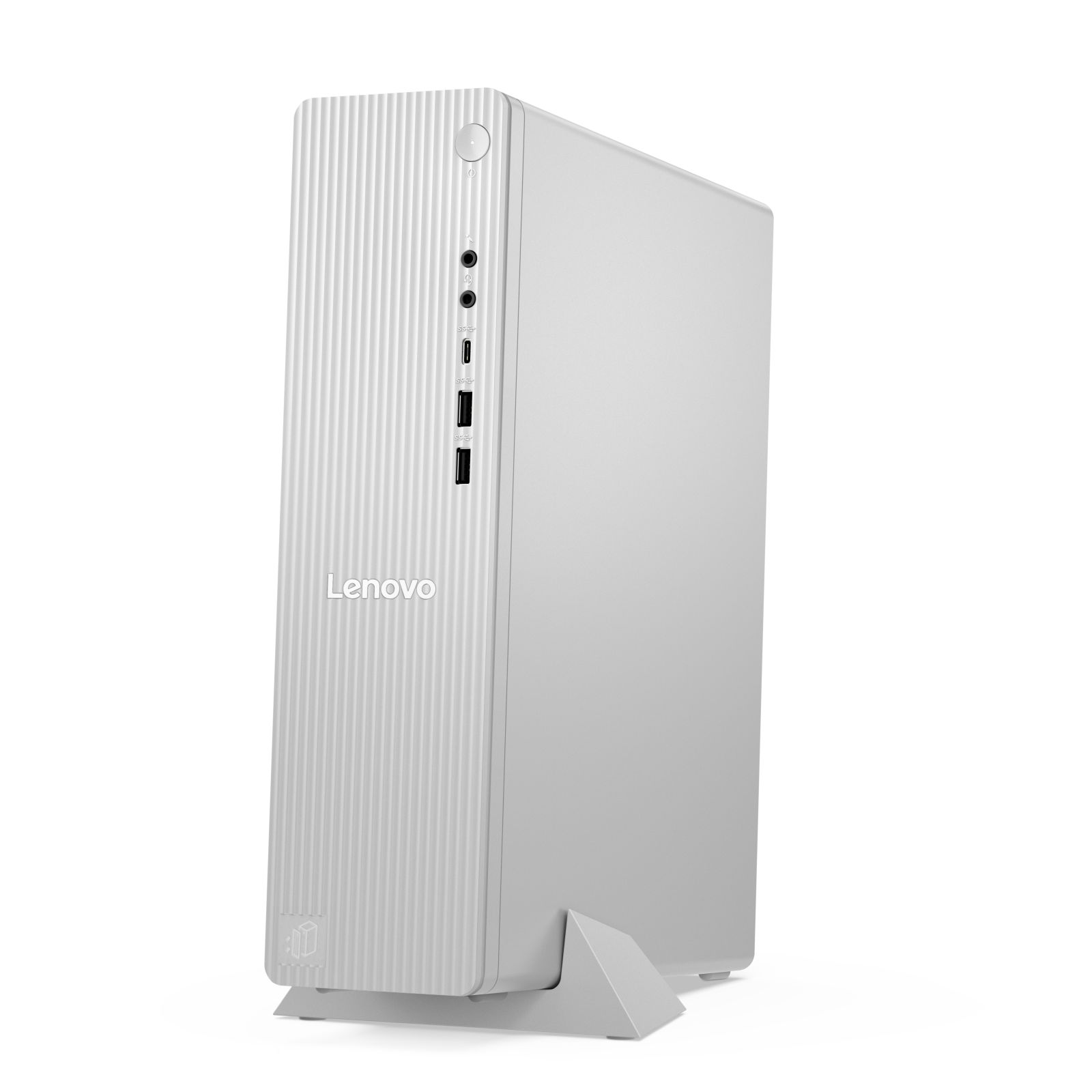 Un PC tower Lenovo bianco con scanalature verticali, porte USB e pulsante di accensione.