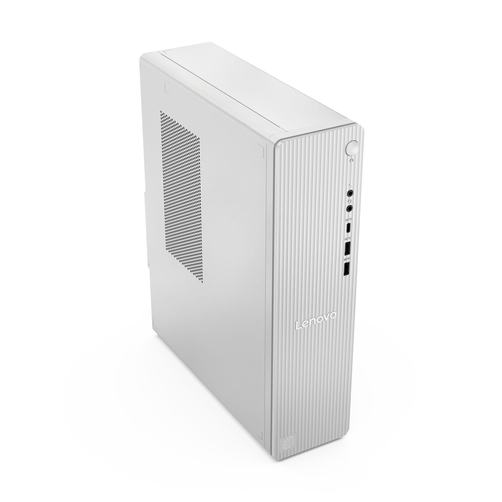 Un computer desktop Lenovo bianco con prese d'aria e porte anteriori.