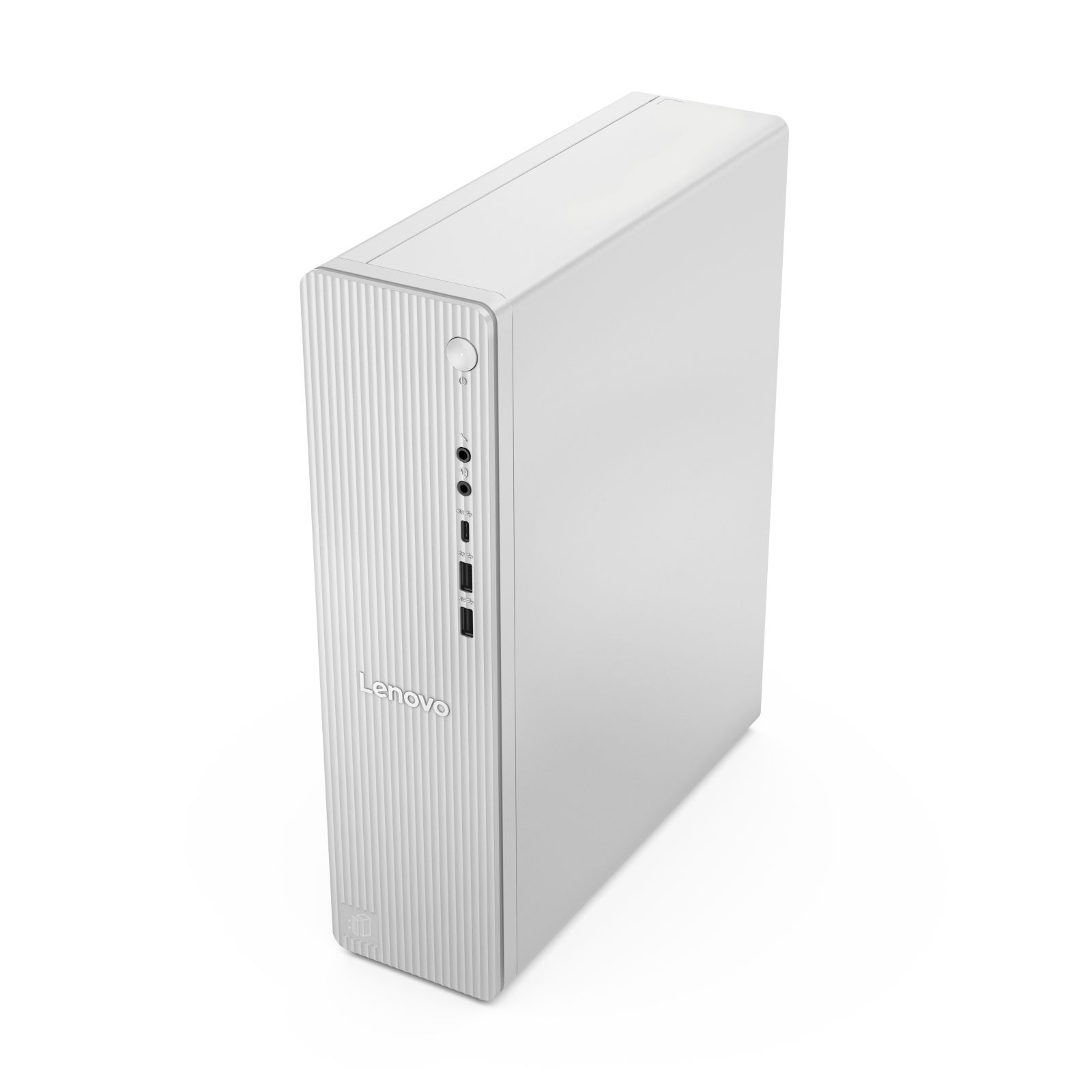 Una tower PC Lenovo bianca con scanalature verticali sul davanti e porte USB.