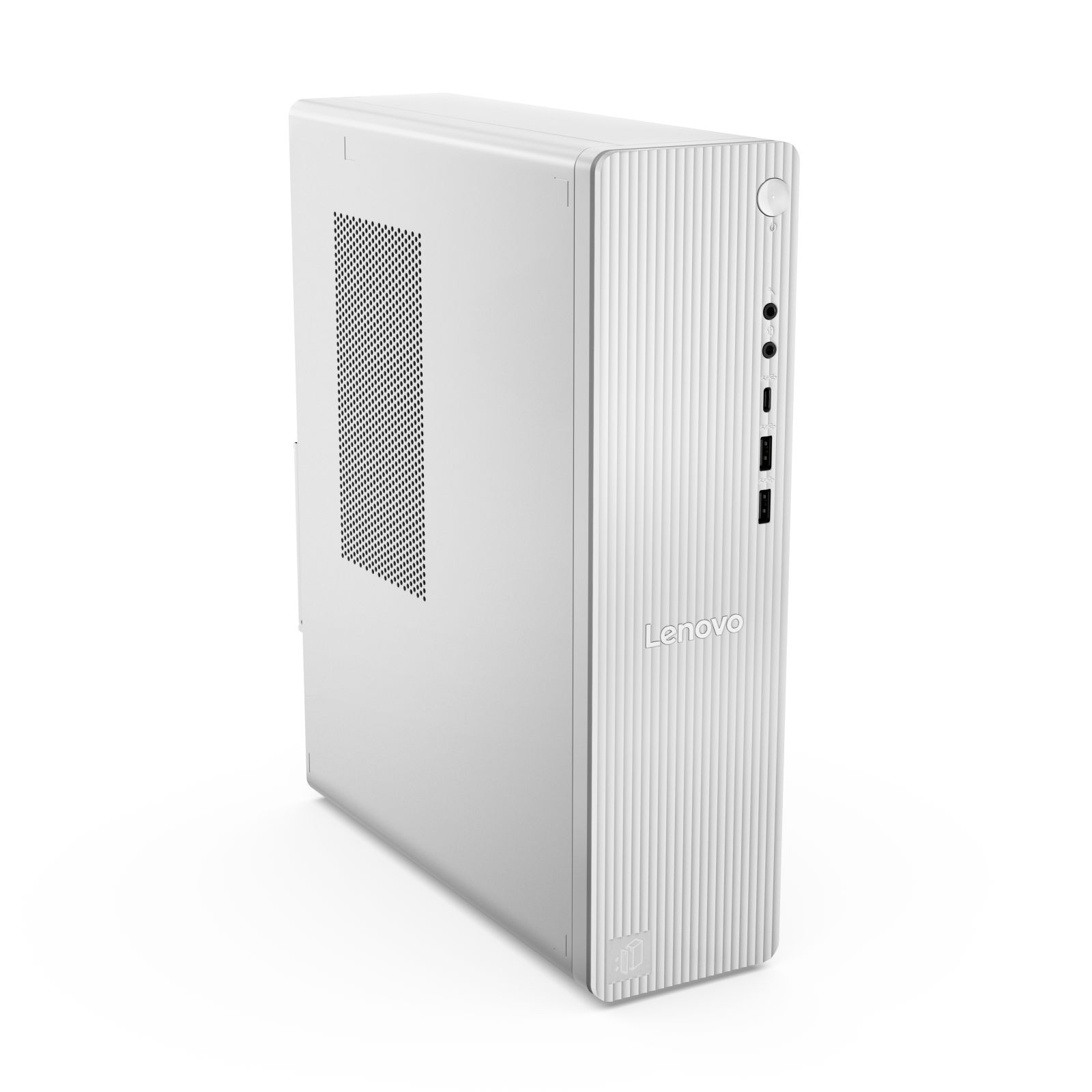 Un PC Lenovo bianco con scanalature verticali e griglie di ventilazione.