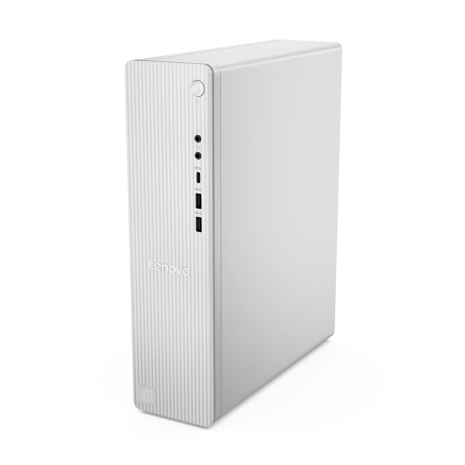 Un PC tower Lenovo bianco con frontale scanalato e porte.