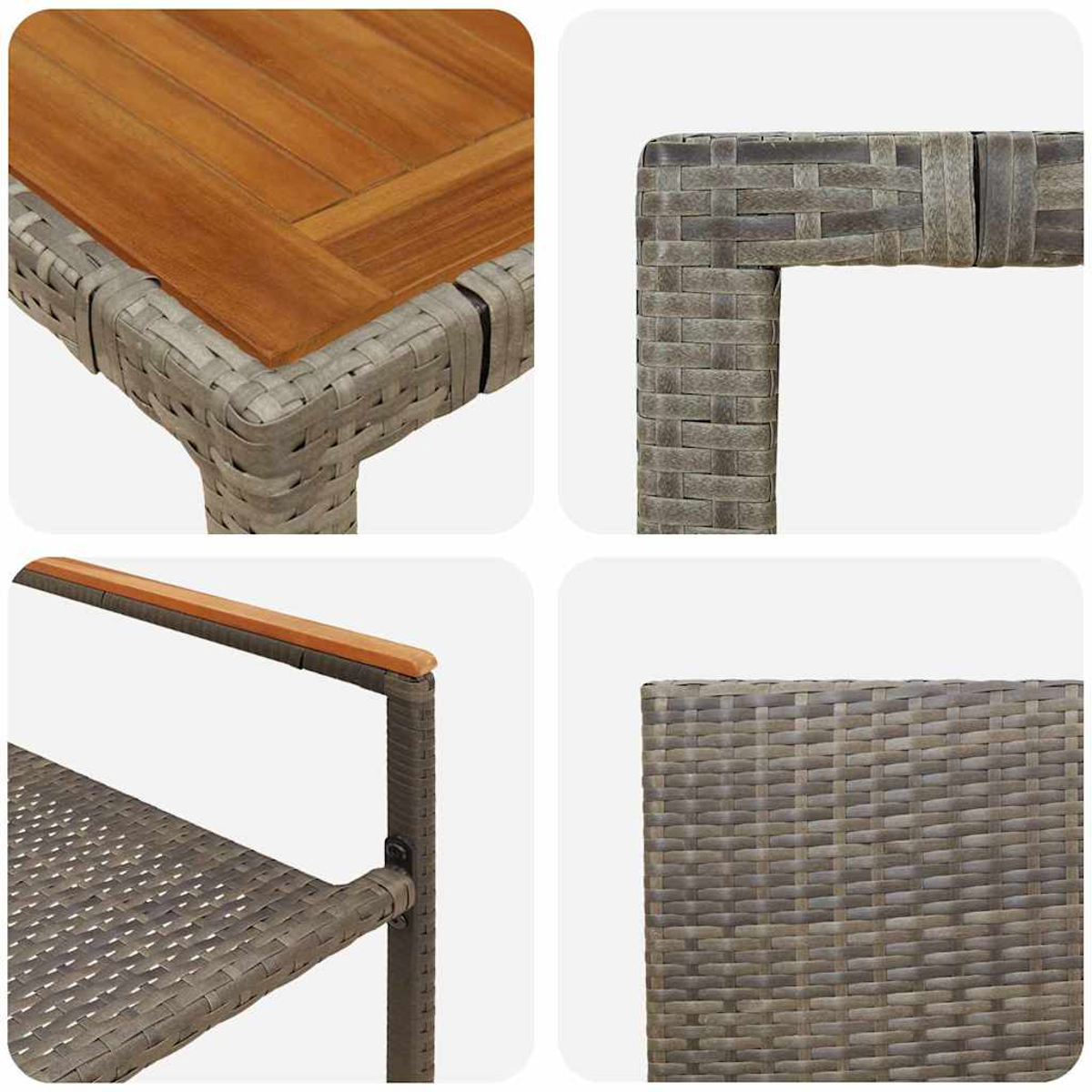 Detailansicht von Gartenmöbeln: Holzplatte, Rattan und Armlehne.