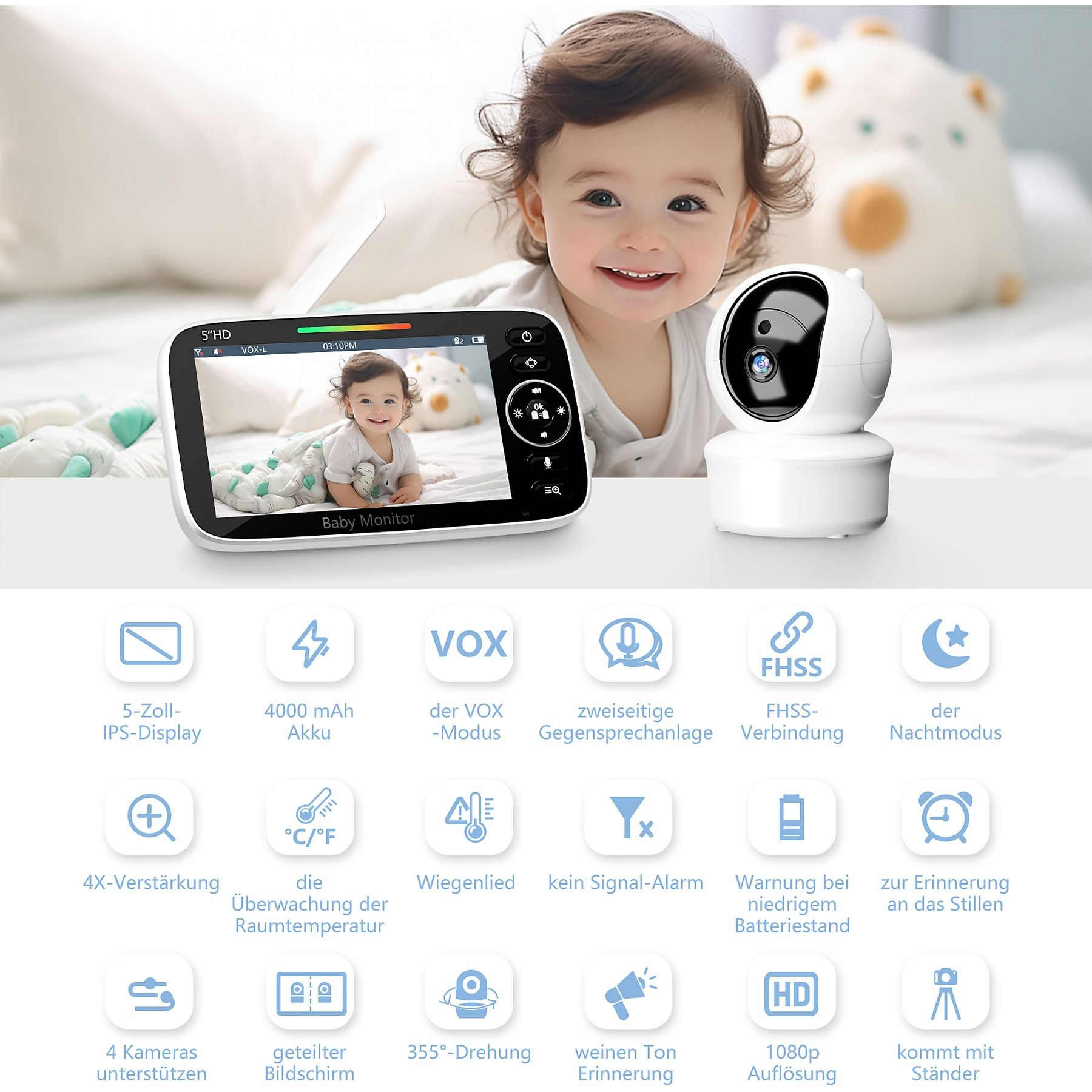 Baby monitor con telecamera e schermo che mostra un bambino e funzioni.