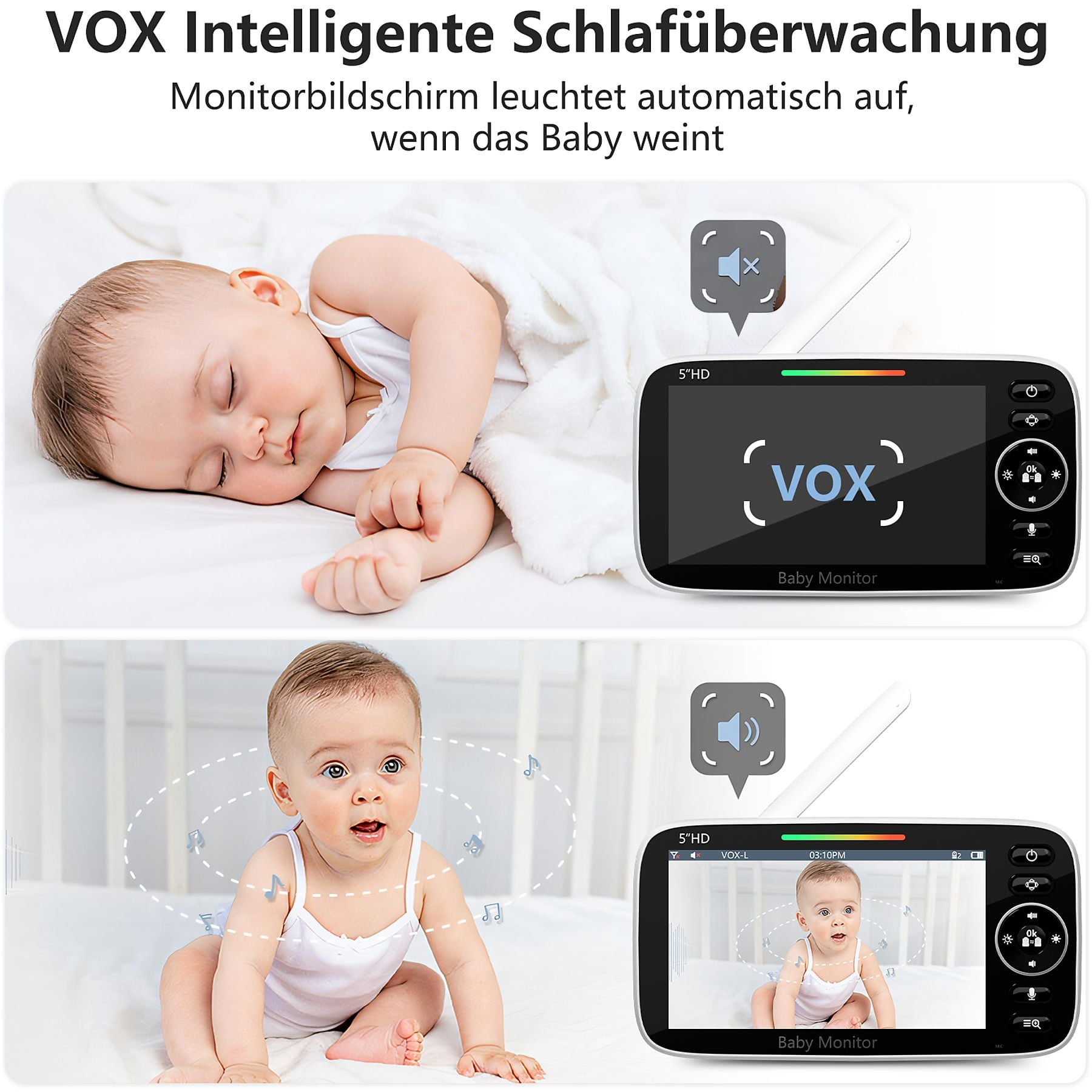 Un bambino che dorme, un baby monitor e un bambino seduto. Modalità VOX attiva.