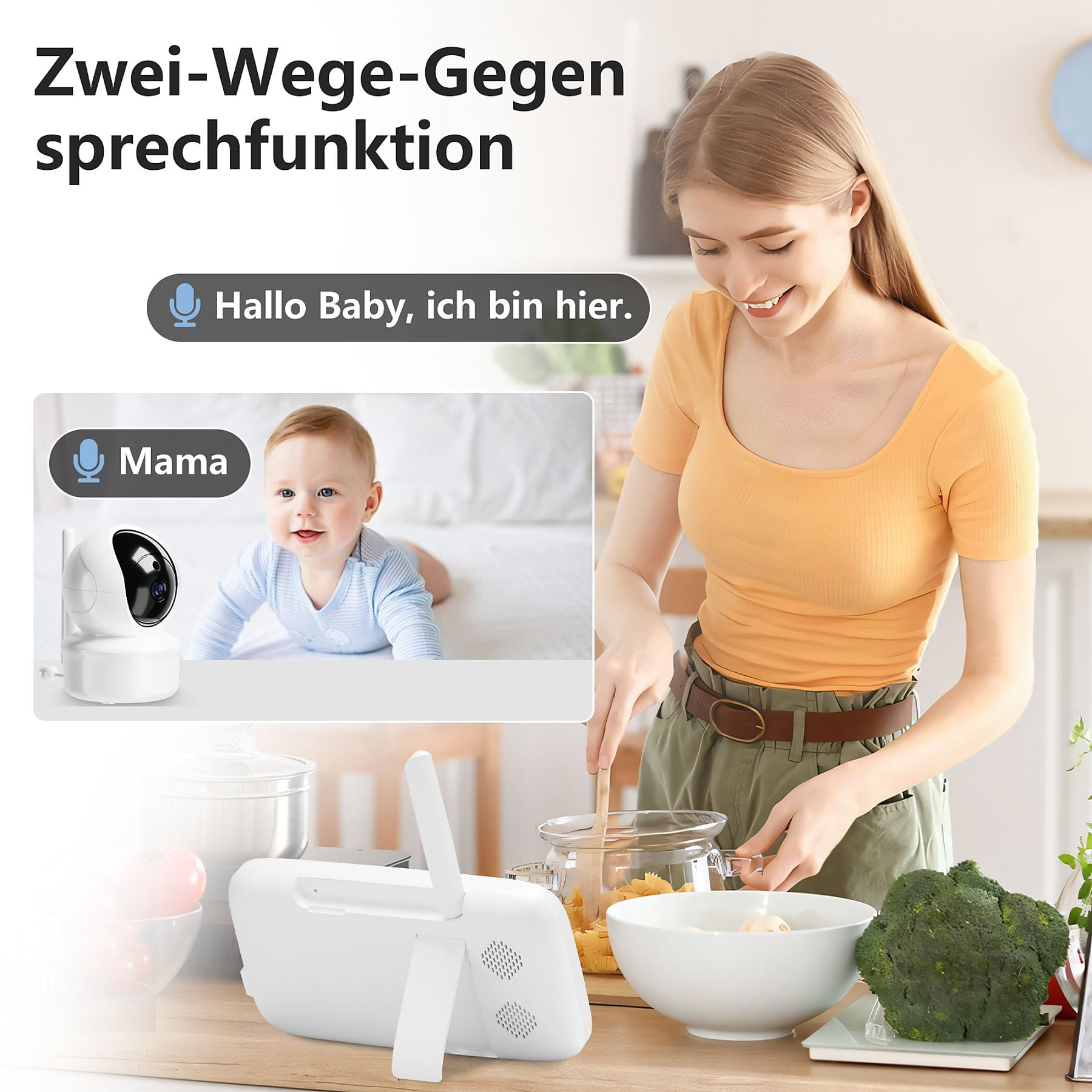 Una donna cucina mentre un bambino è visibile su uno schermo.