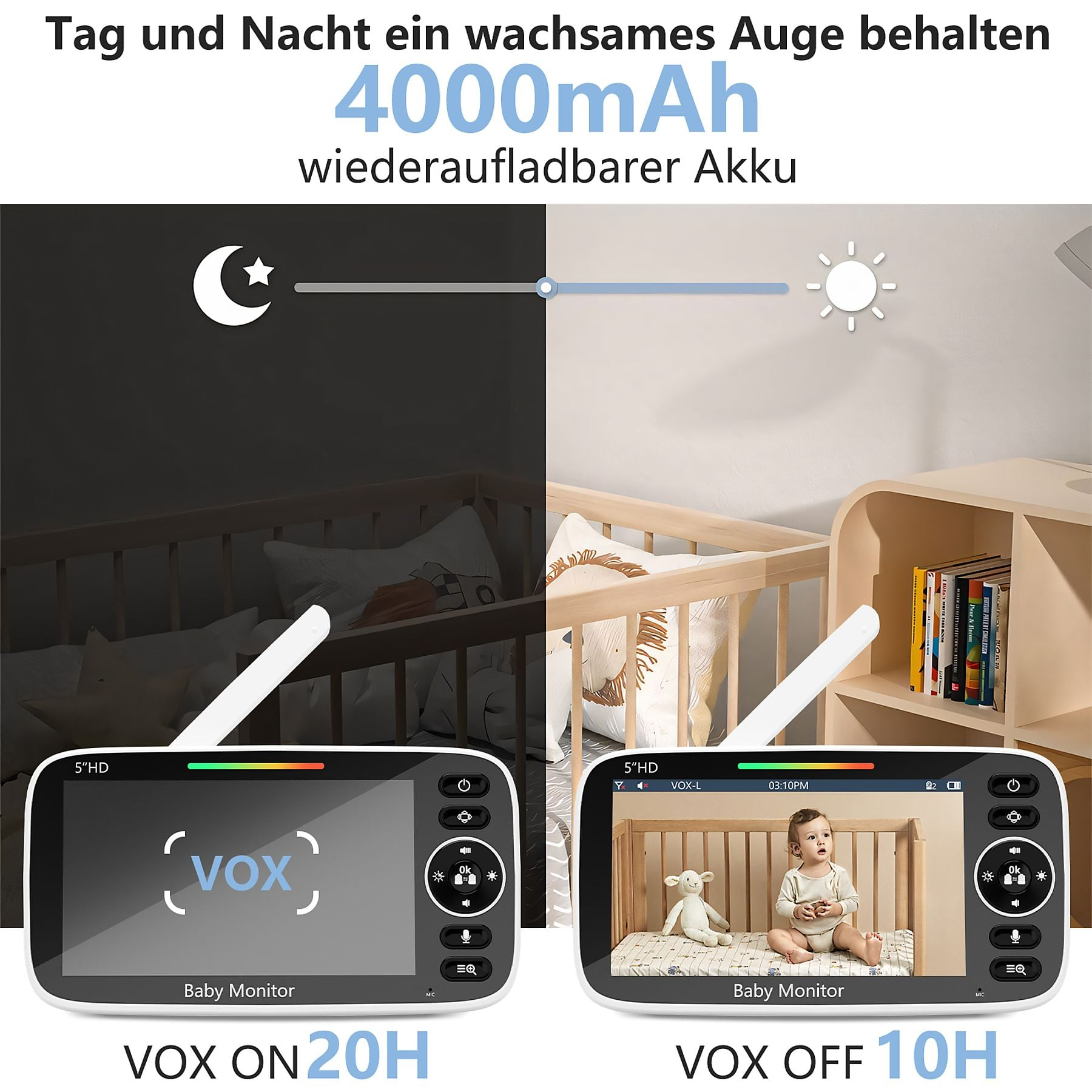 Baby monitor con batteria da 4000mAh: vista giorno e notte. VOX ON 20H, VOX OFF 10H.