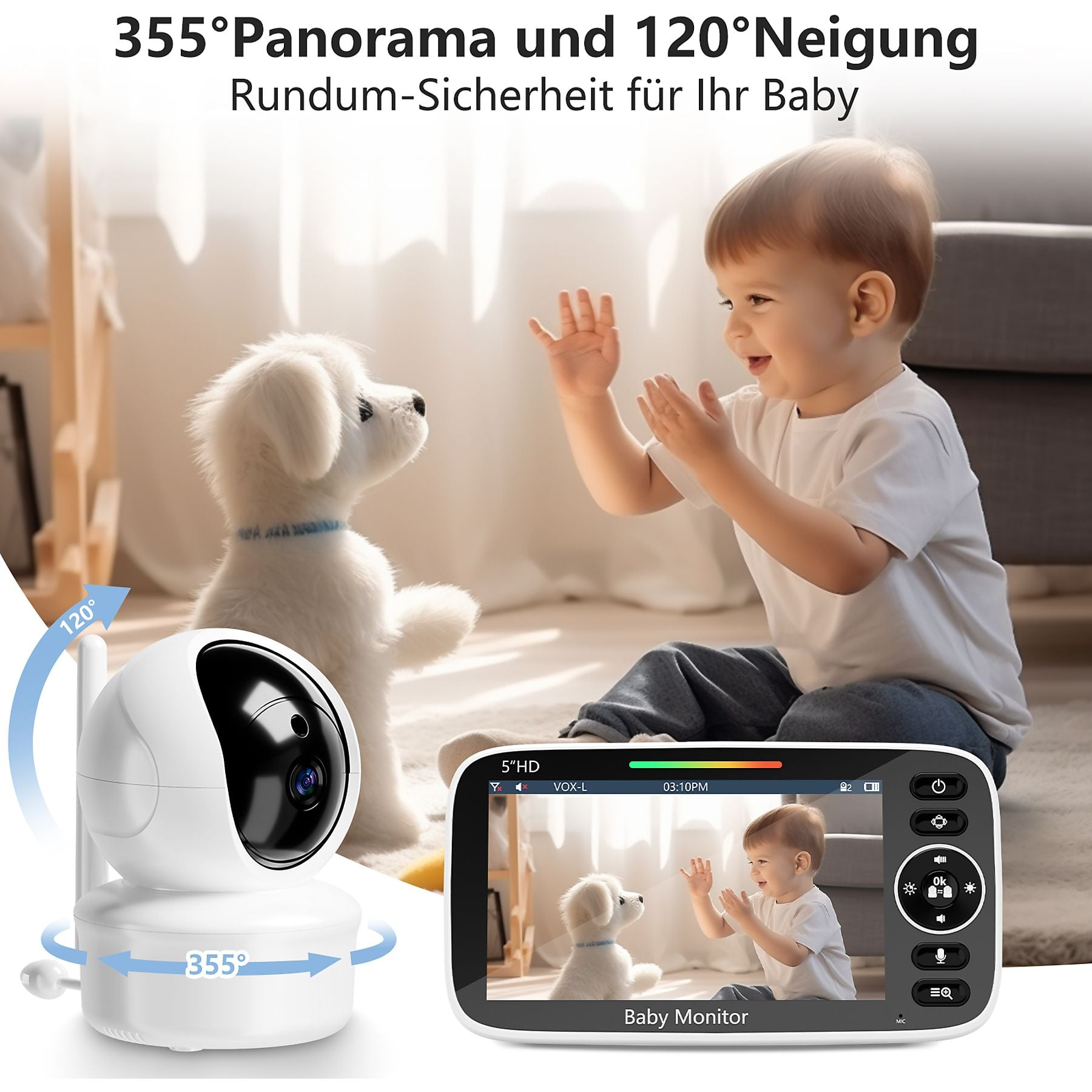 Un bambino gioca con un cane di peluche accanto a un baby monitor e schermo.