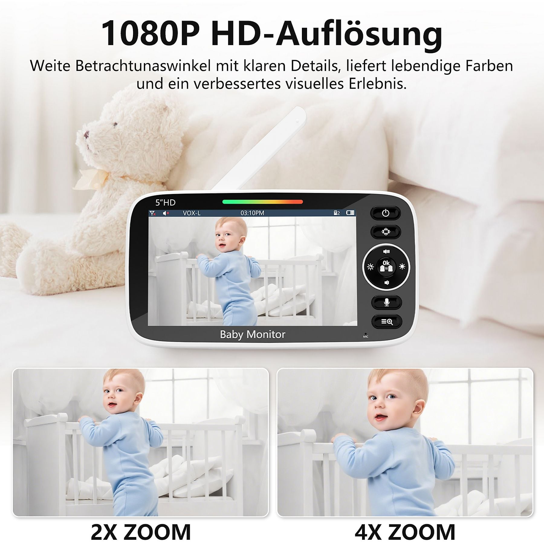 Schermo baby monitor mostra bambino in culla, con viste zoom 2x e 4x.