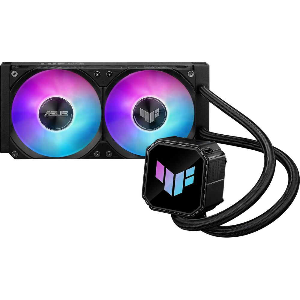 Un enfriador de CPU de computadora negro con dos ventiladores RGB y una bomba central con logo.