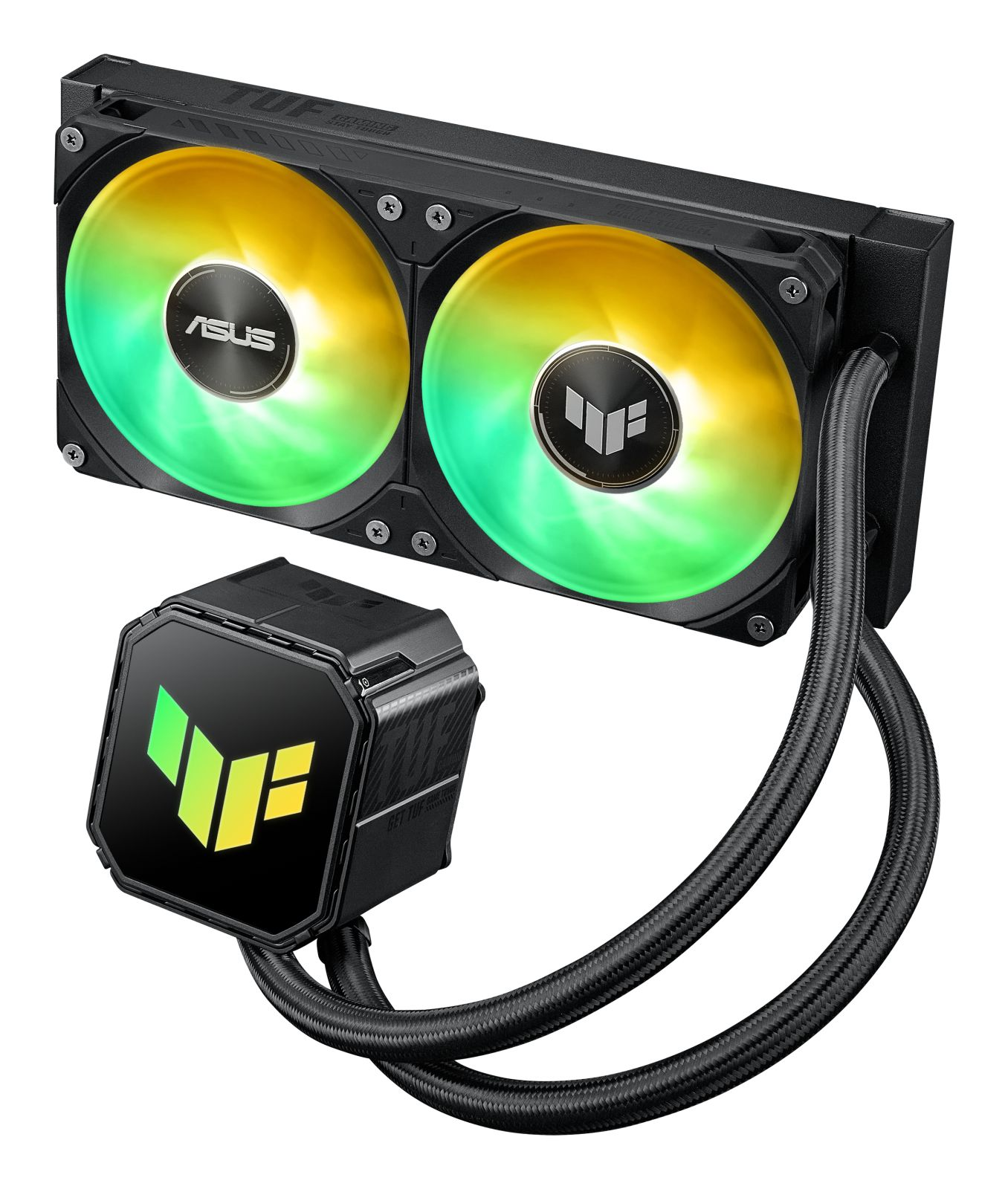 Un enfriador de agua para PC con dos ventiladores RGB y una unidad de bomba cuadrada.