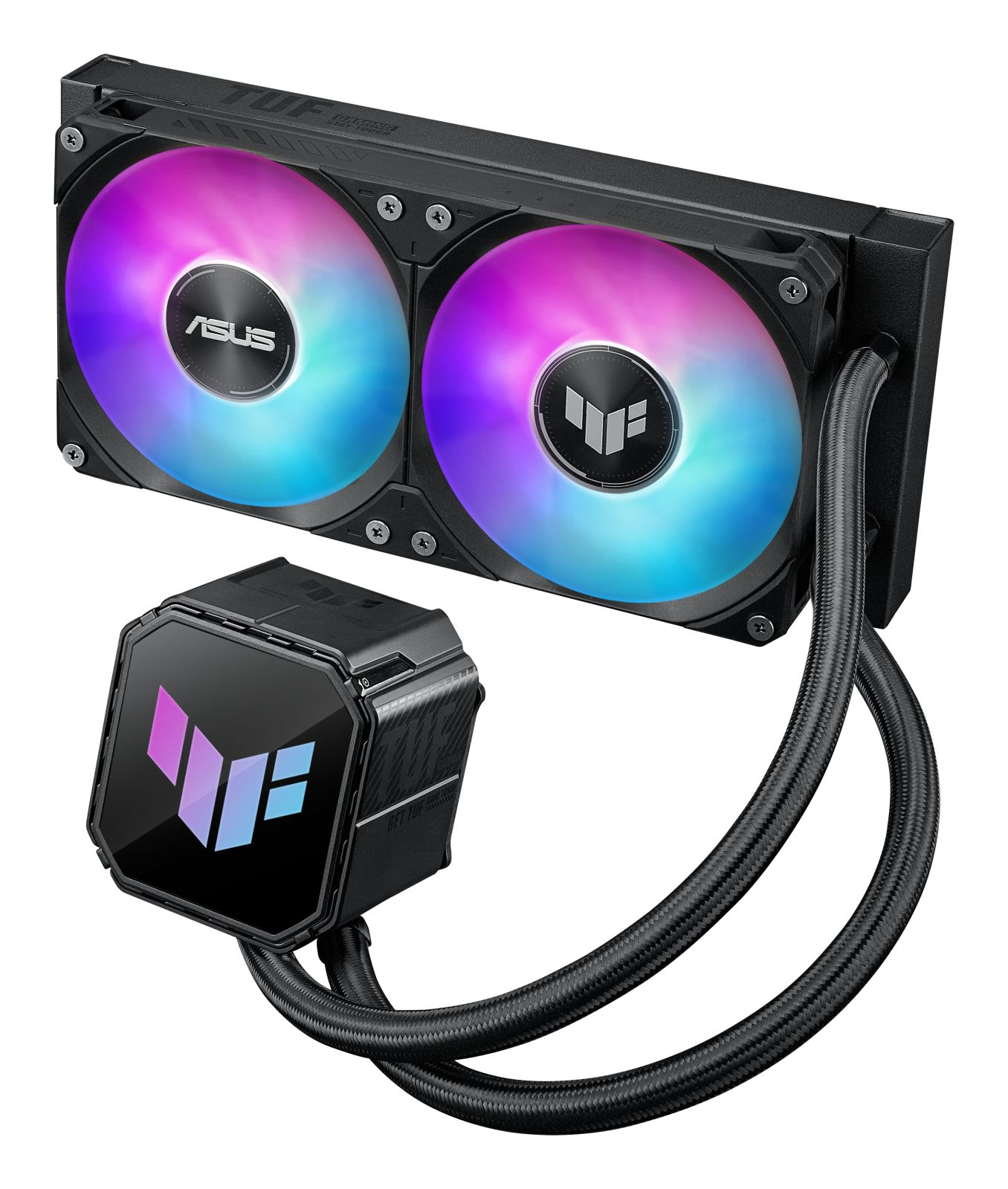 Un enfriador de PC negro con dos ventiladores RGB y un logo estilizado.