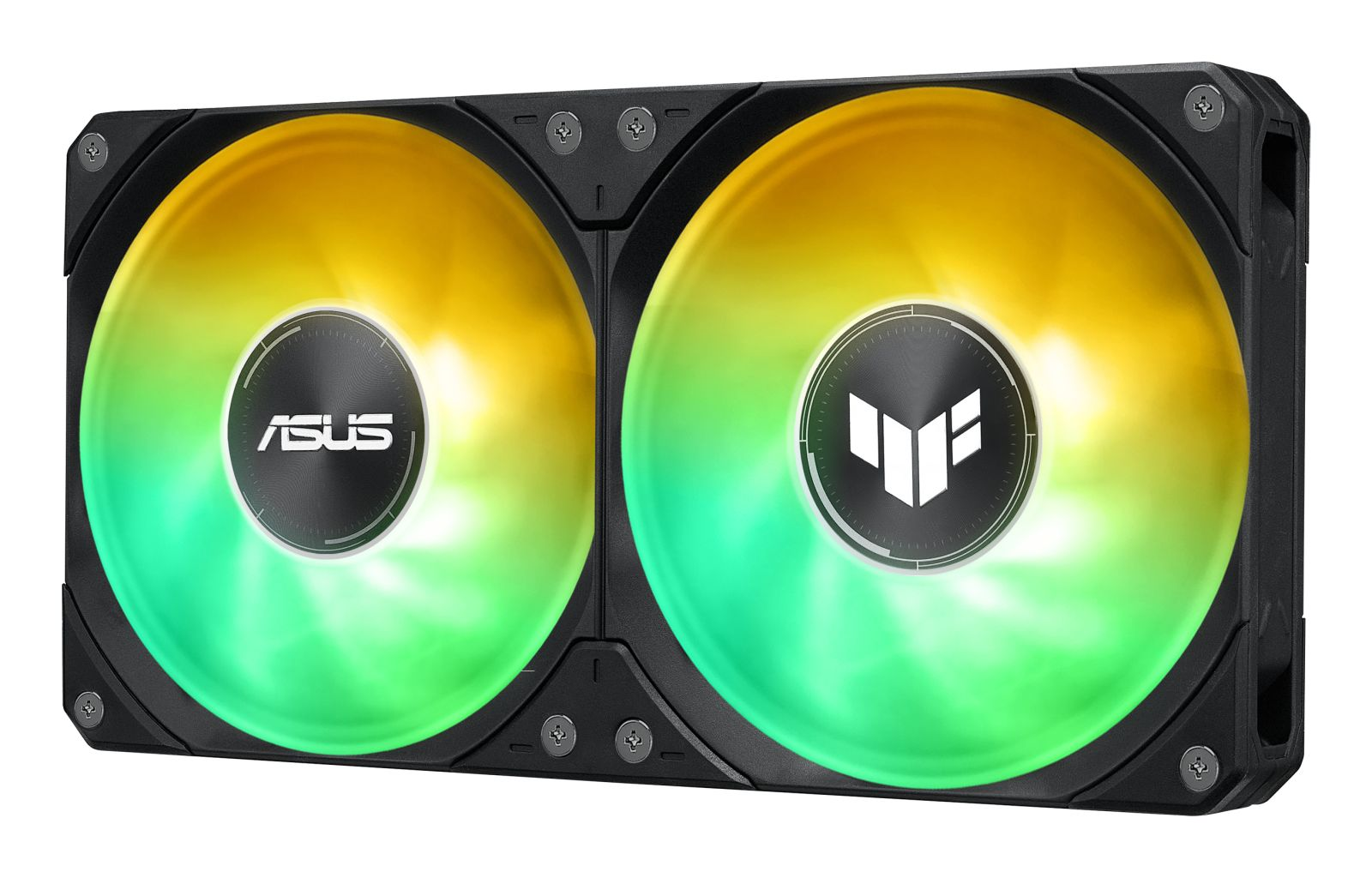 Dos ventiladores ASUS con iluminación RGB en amarillo y verde, sobre fondo blanco.