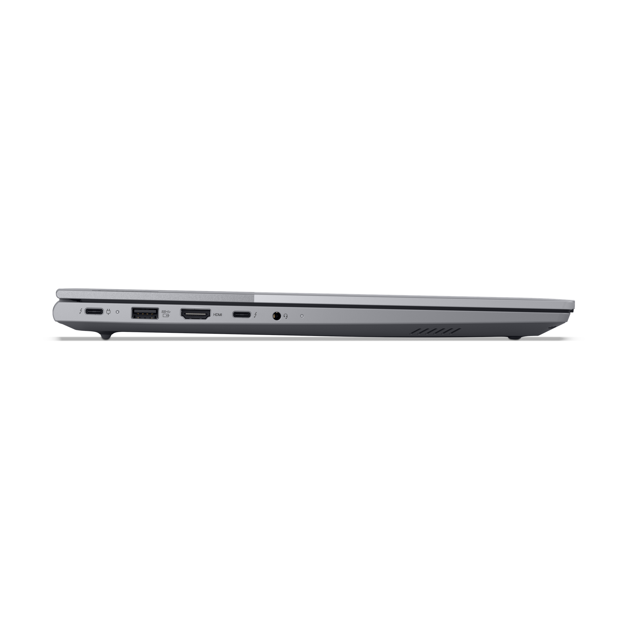 Grauer Laptop mit Anschlüssen: USB-C, HDMI, Kopfhörerbuchse.