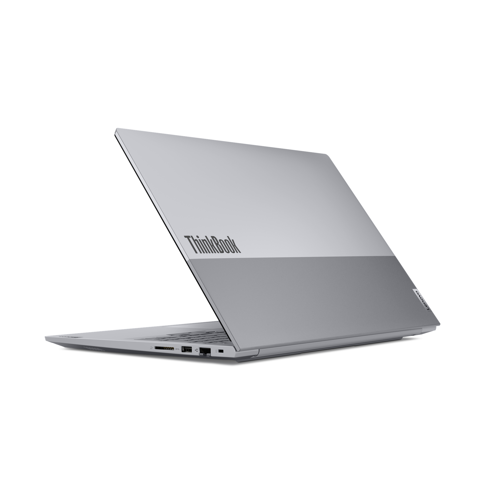 Ein silberner Laptop mit ThinkBook-Logo auf der Rückseite, im Winkel geöffnet.
