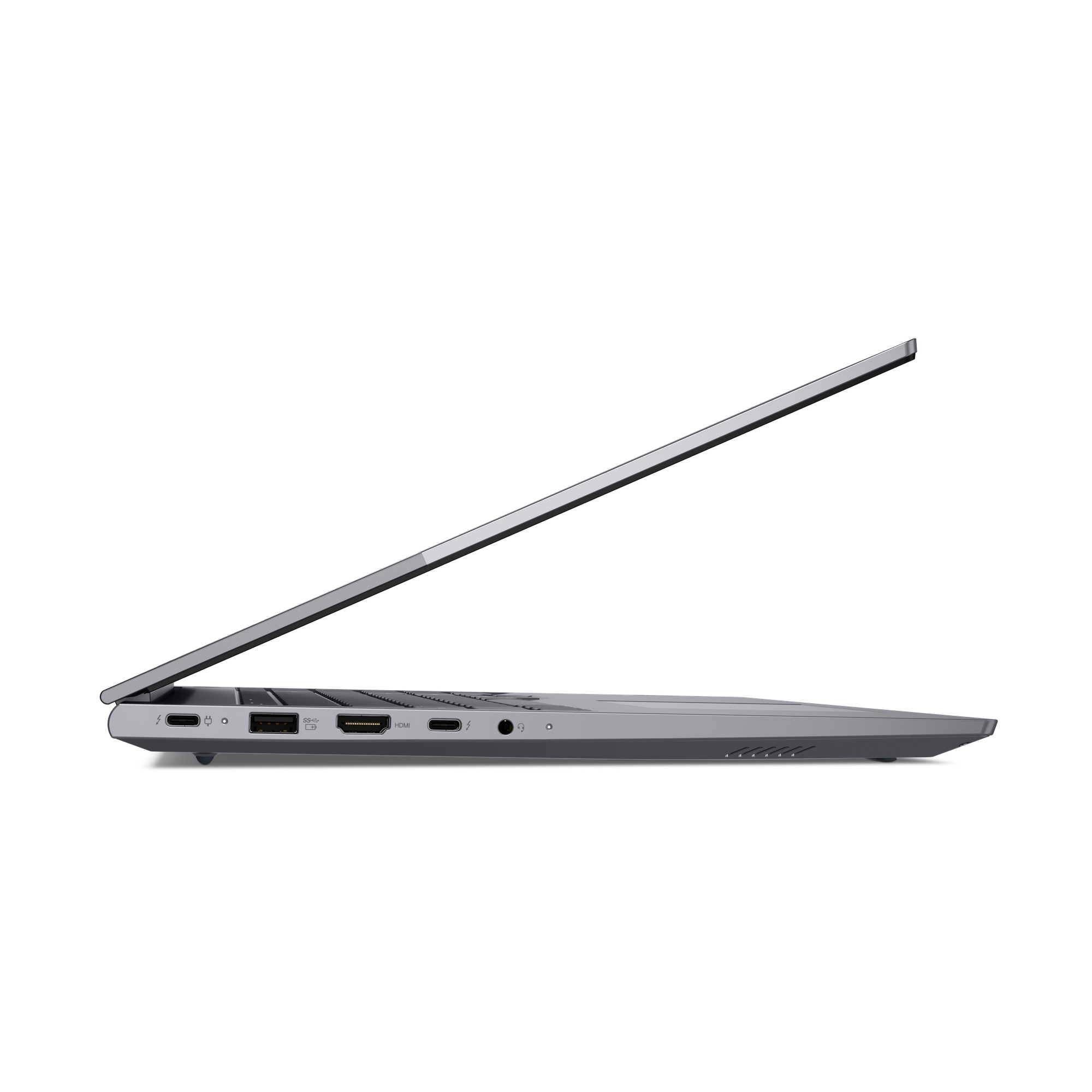 Grauer Laptop im Seitenprofil, geöffnet mit sichtbaren Anschlüssen.