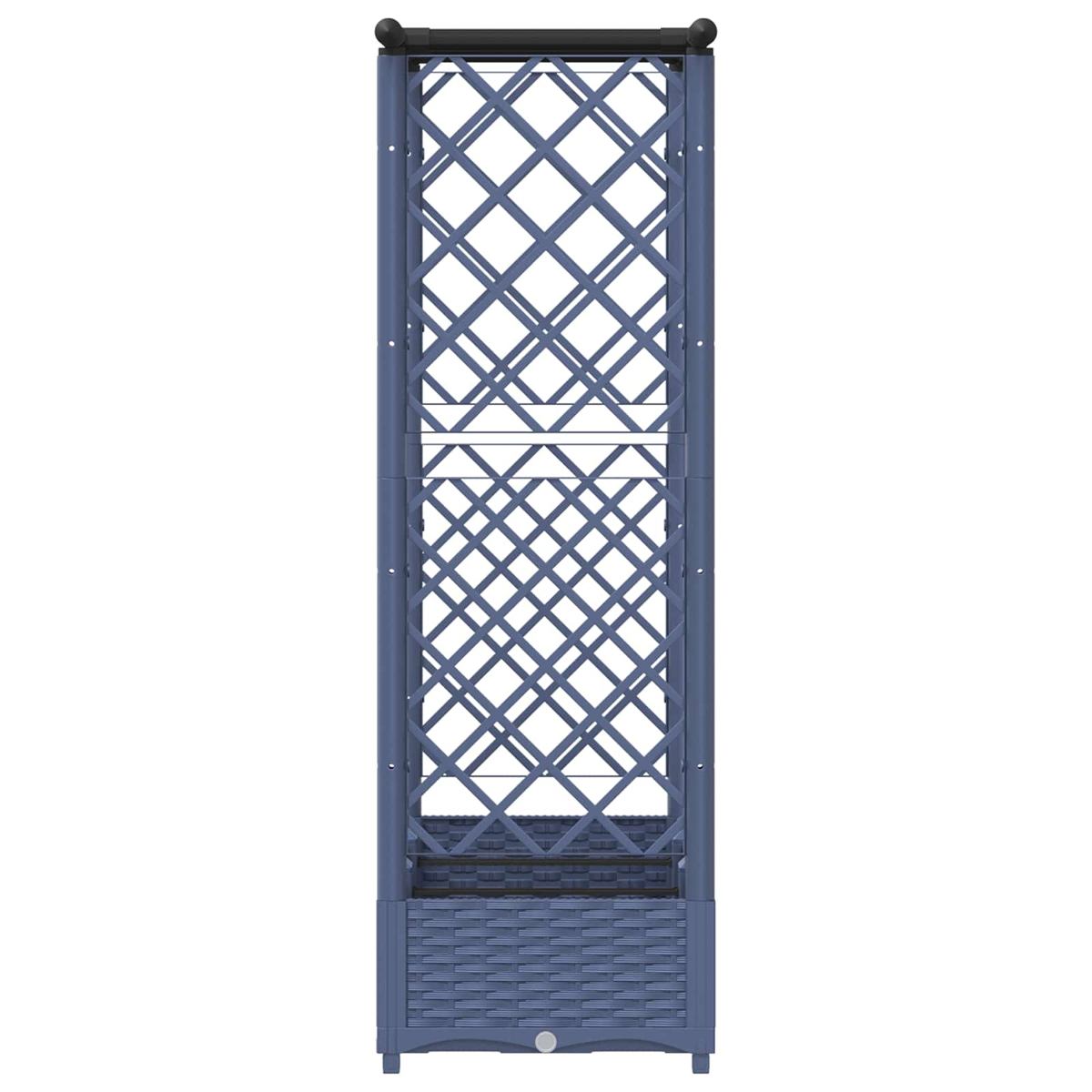Ein hoher, blauer Rankturm mit Gittermuster und einem Korbgeflecht-Sockel.
