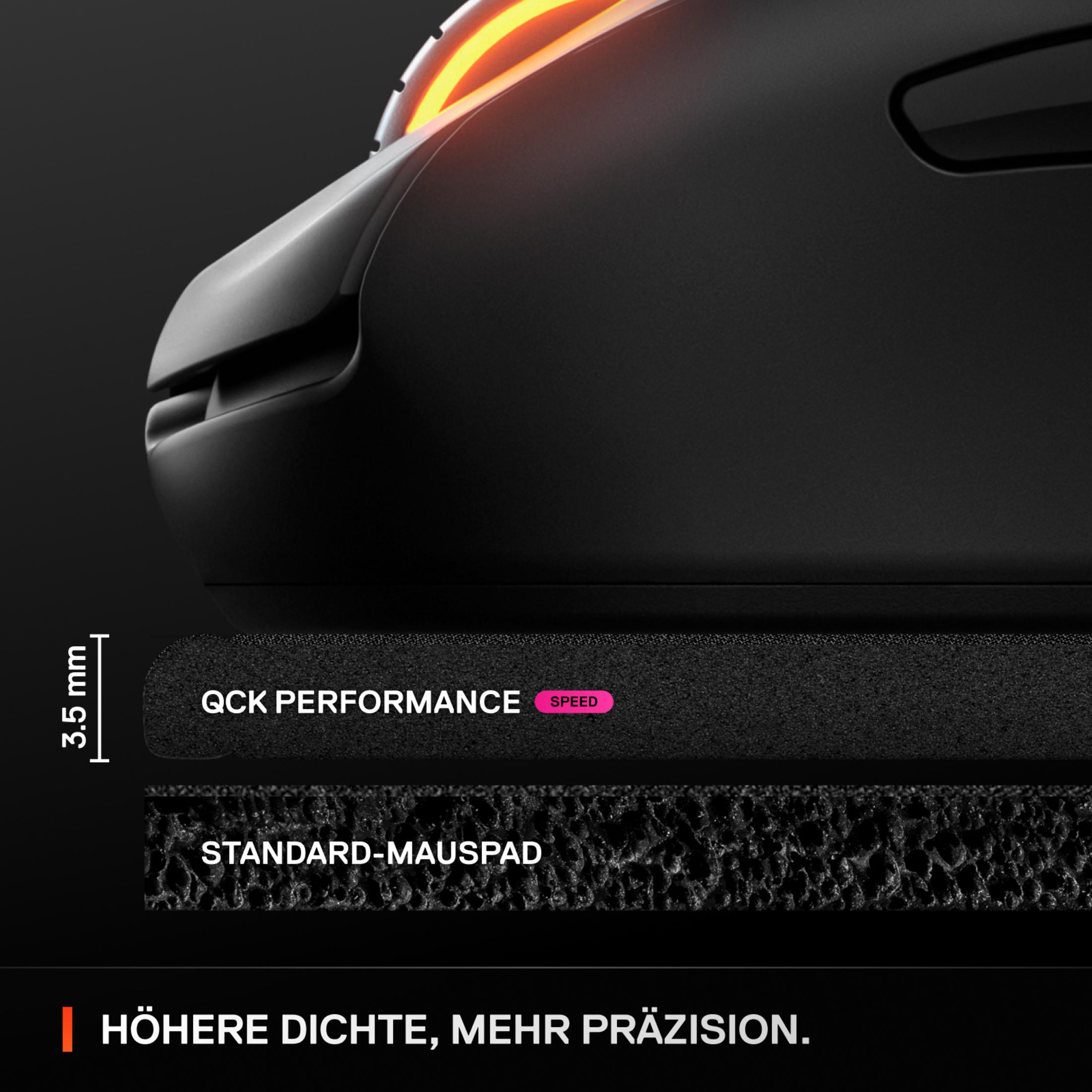 Souris noire avec des accents lumineux sur deux couches de tapis de souris.