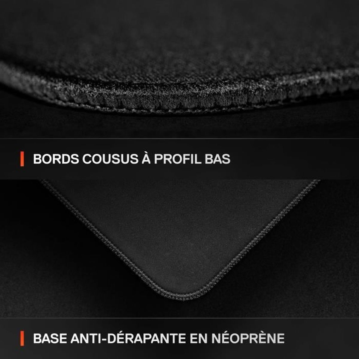 Tapis de souris noir à bords cousus et base antidérapante.