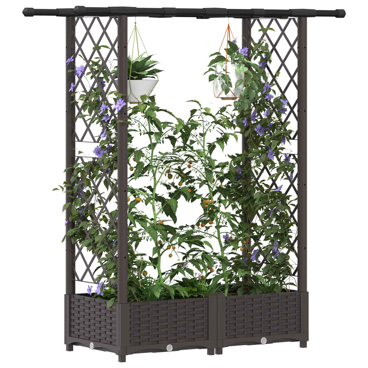 Ein brauner Rankgitter-Pflanzer mit Pflanzen und Blumen, mit hängenden Pflanzen.