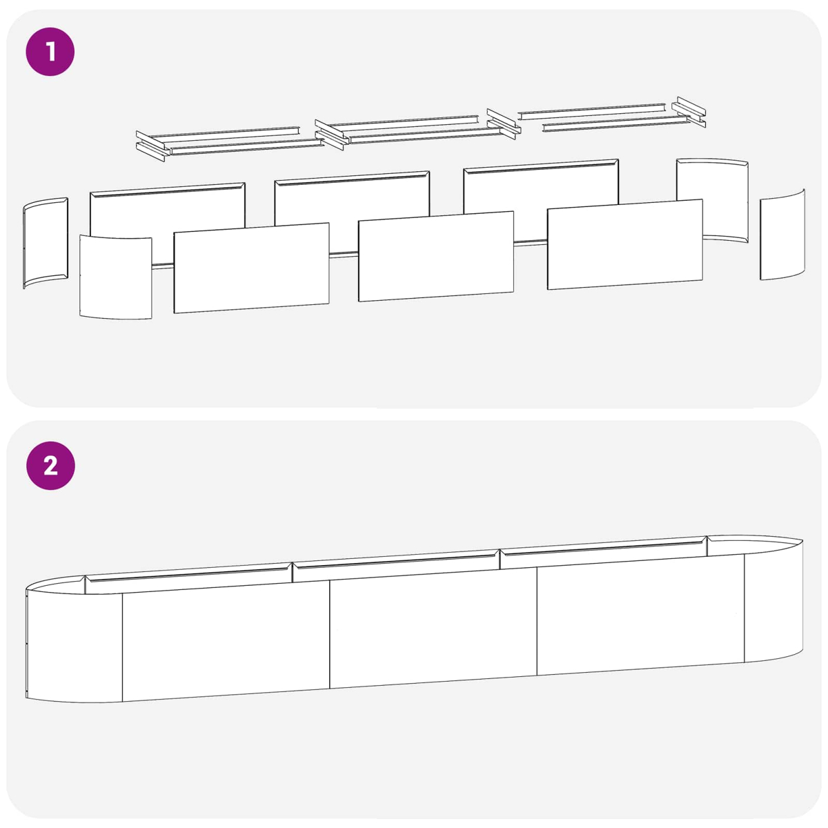 Illustration zeigt Teile für ein gebogenes Display und fertig montiert.